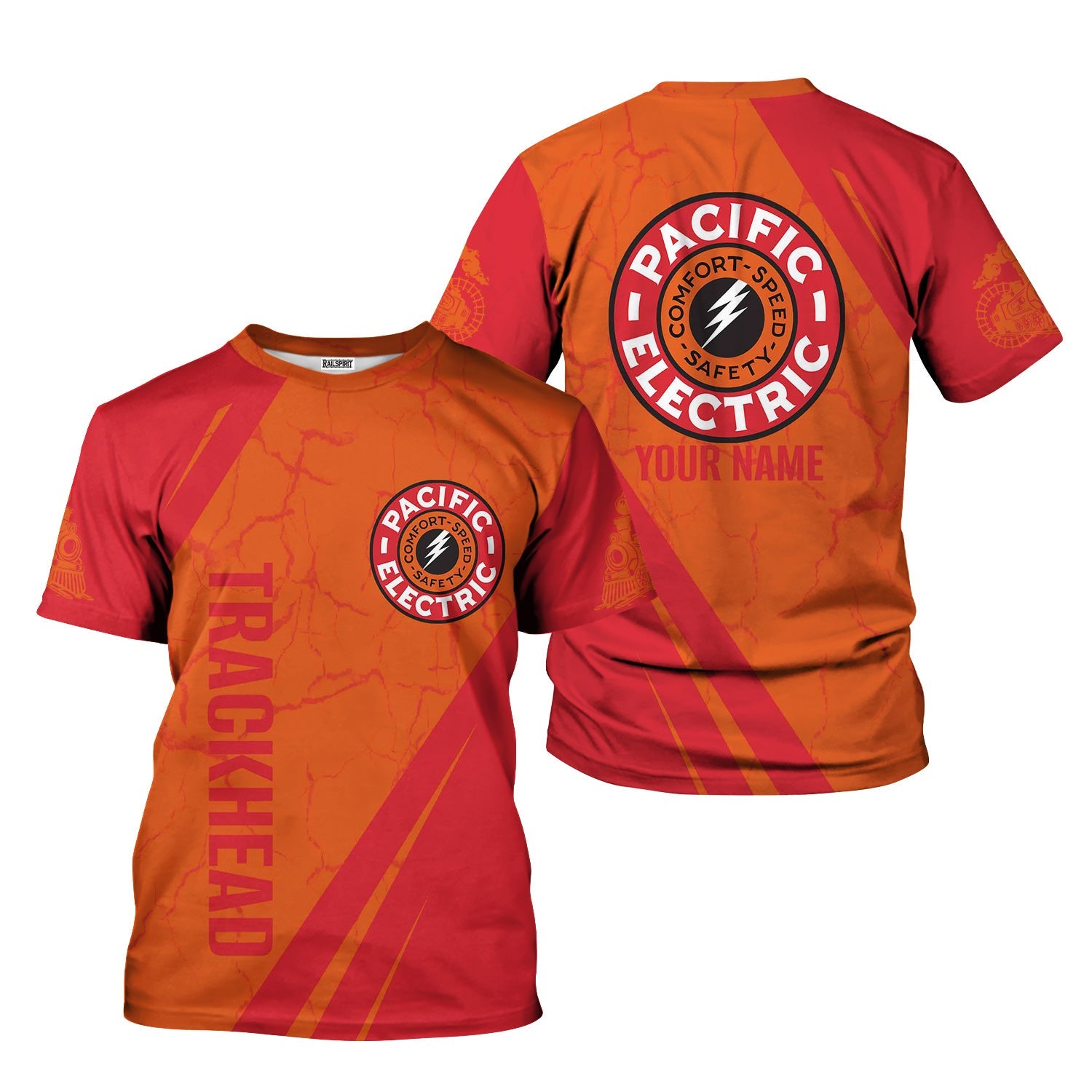 Railspirit Personalized Pacific Electric Railroad T-Shirt Crackle Texture Style Shirt For Trackhead
