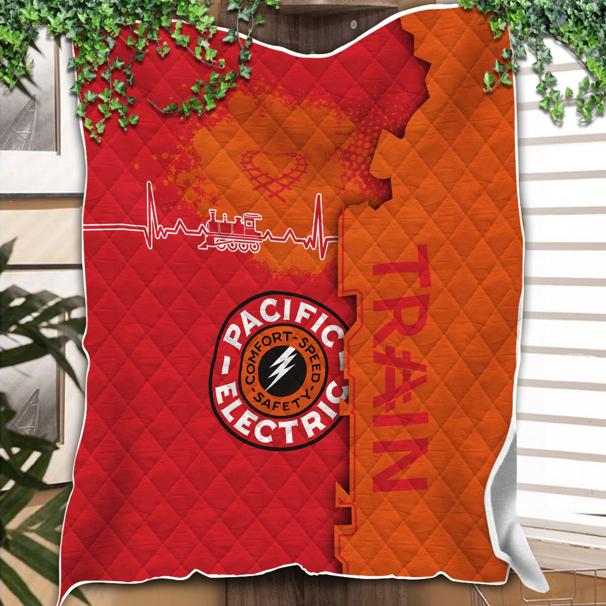 Railspirit Pacific Electric Railroad Premium Quilts Engine Heartbeat and Track Love Style Quilts Gift Idea For Train Lovers