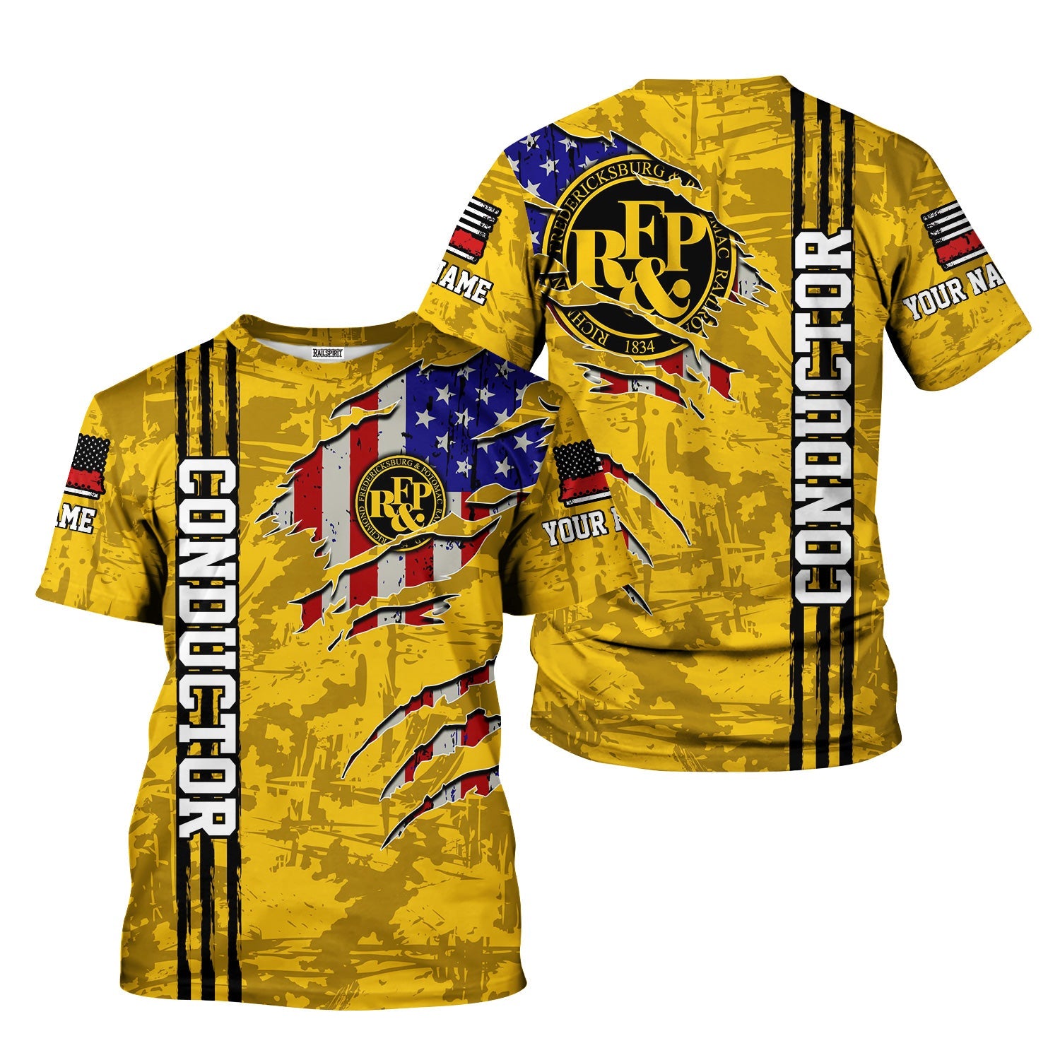 Railspirit Personalized Richmond, Fredericksburg And Potomac Railroad T-Shirt USA Flag Claw Art with Custom Job Train Shirt