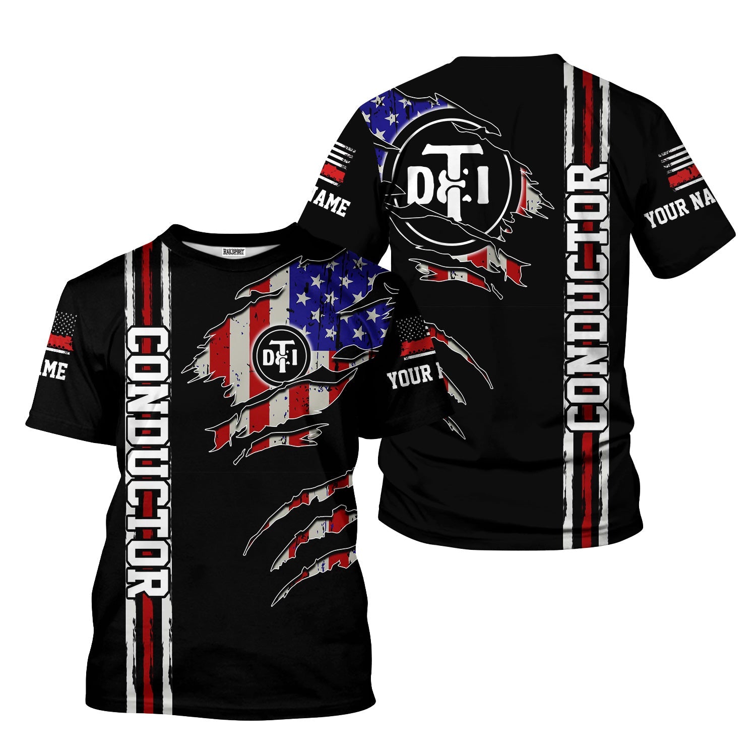 Railspirit Personalized Detroit Toledo And Ironton Railroad T-Shirt USA Flag Claw Art with Custom Job Train Shirt