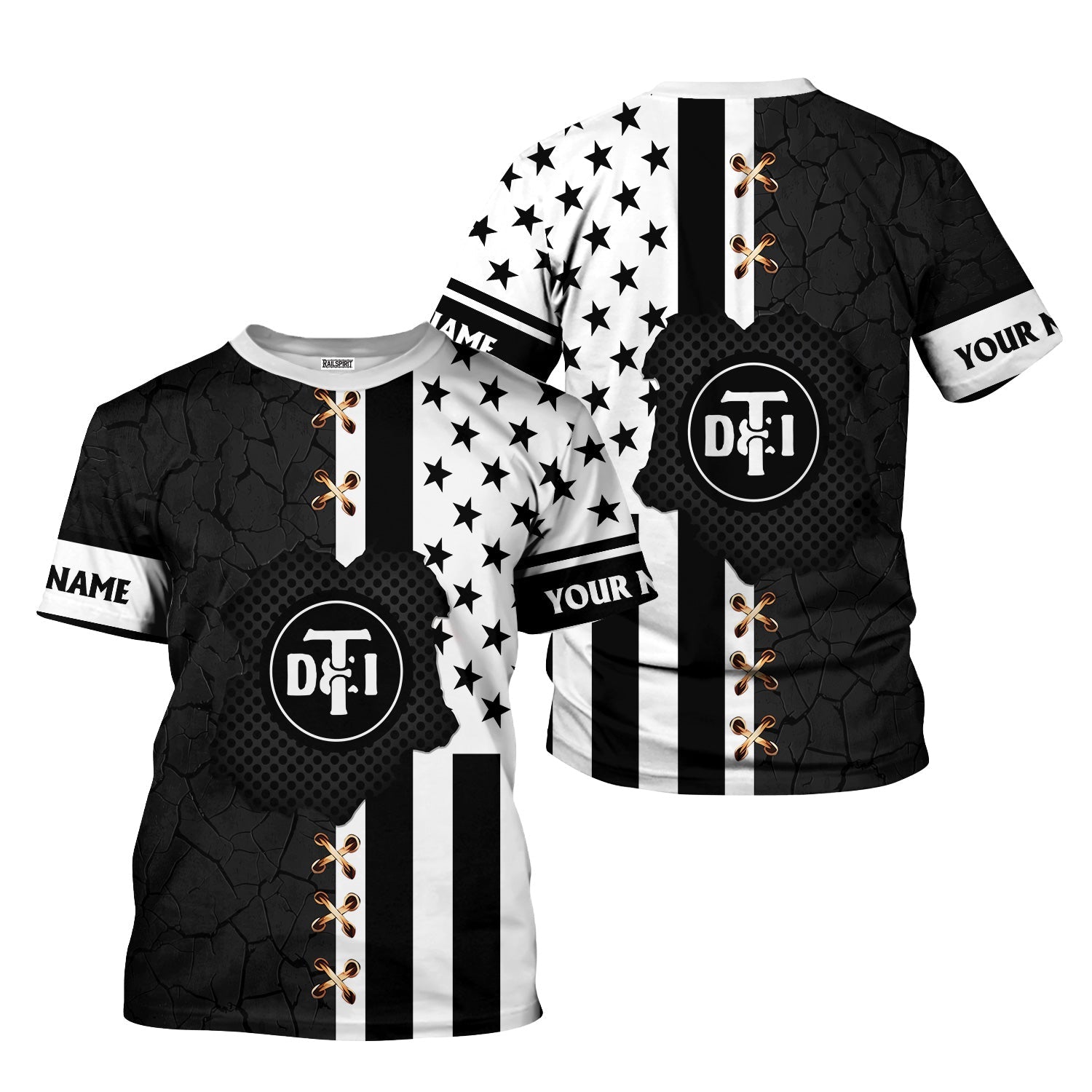 Railspirit Personalized Detroit Toledo And Ironton Railroad T-Shirt American Flag with Crack Effect Train Shirt