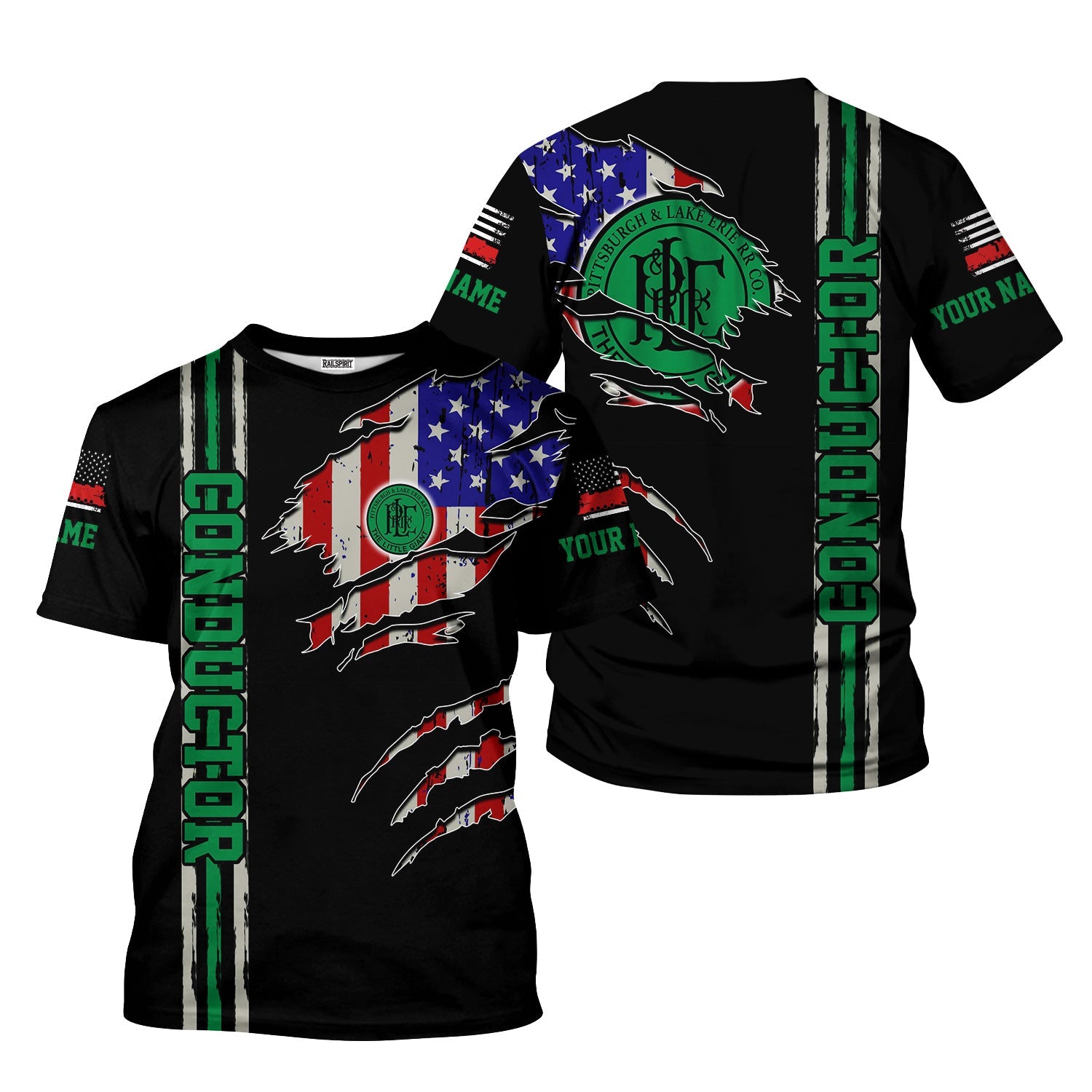 Railspirit Personalized Pittsburgh And Lake Erie Railroad T-Shirt USA Flag Claw Art with Custom Job Train Shirt
