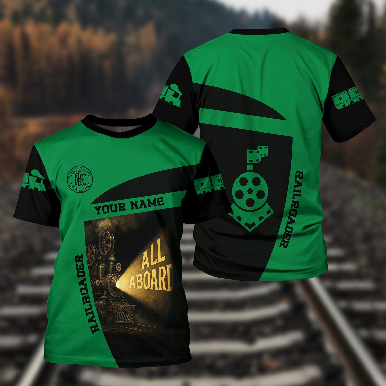 Railspirit Personalized Pittsburgh And Lake Erie Railroad T-Shirt All Aboard Steam Train Movie Projector Style Shirt