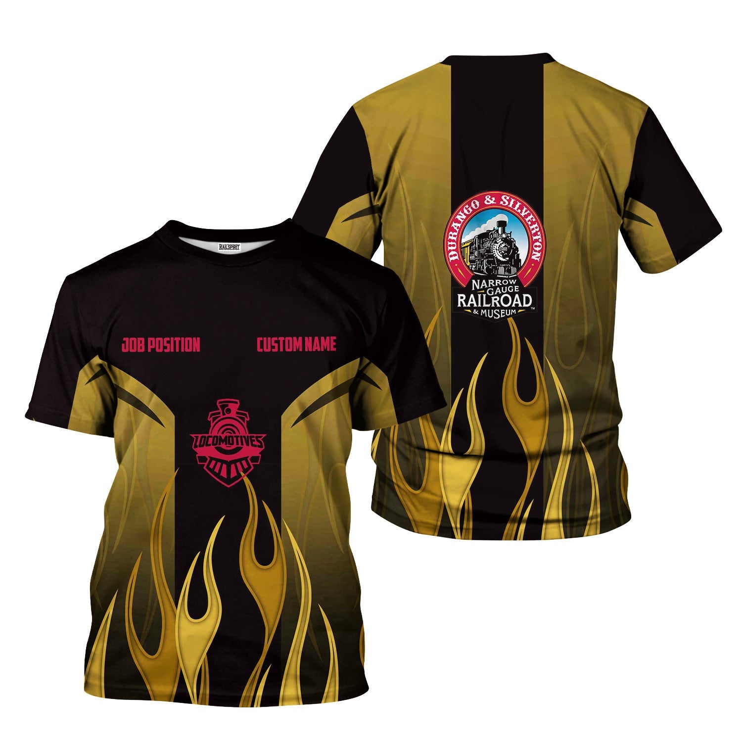 Railspirit Custom Name and Job Title Durango And Silverton Narrow Gauge Railroad T-Shirt Flame Graphic Train Shirt