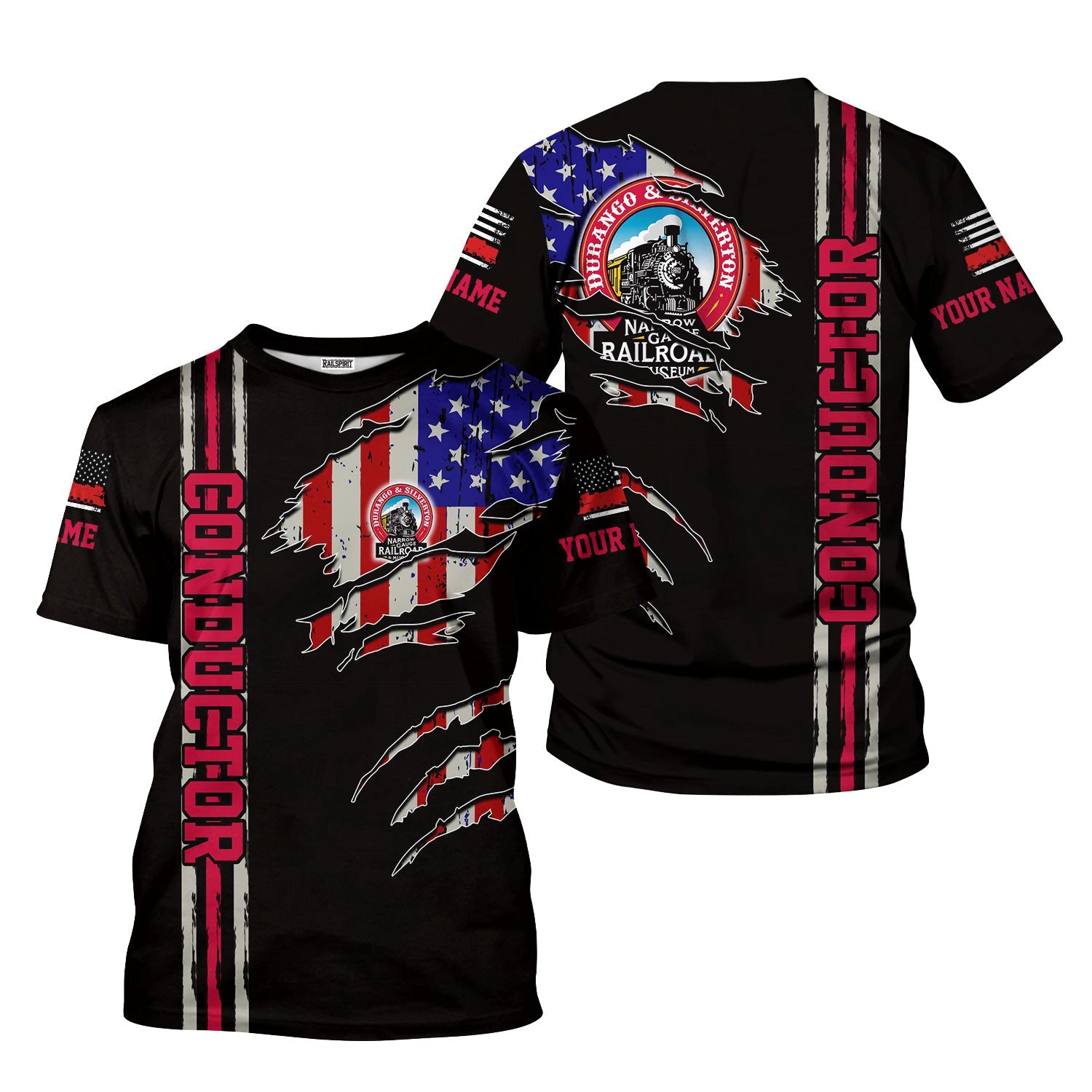Railspirit Personalized Durango And Silverton Narrow Gauge Railroad T-Shirt USA Flag Claw Art with Custom Job Train Shirt