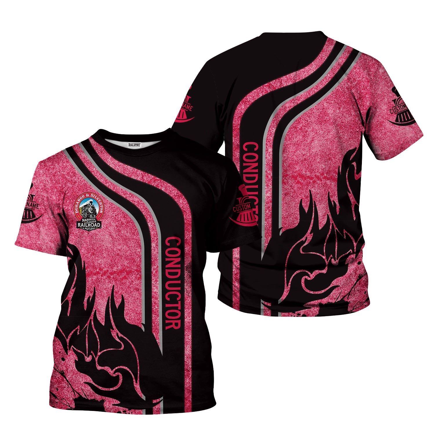 Railspirit Personalized Durango And Silverton Narrow Gauge Railroad T-Shirt Flame Design with Custom Job Position Train Shirt