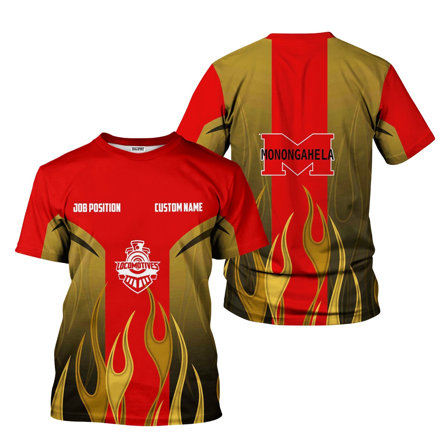 Railspirit Custom Name and Job Title Monongahela Railroad T-Shirt Flame Graphic Train Shirt