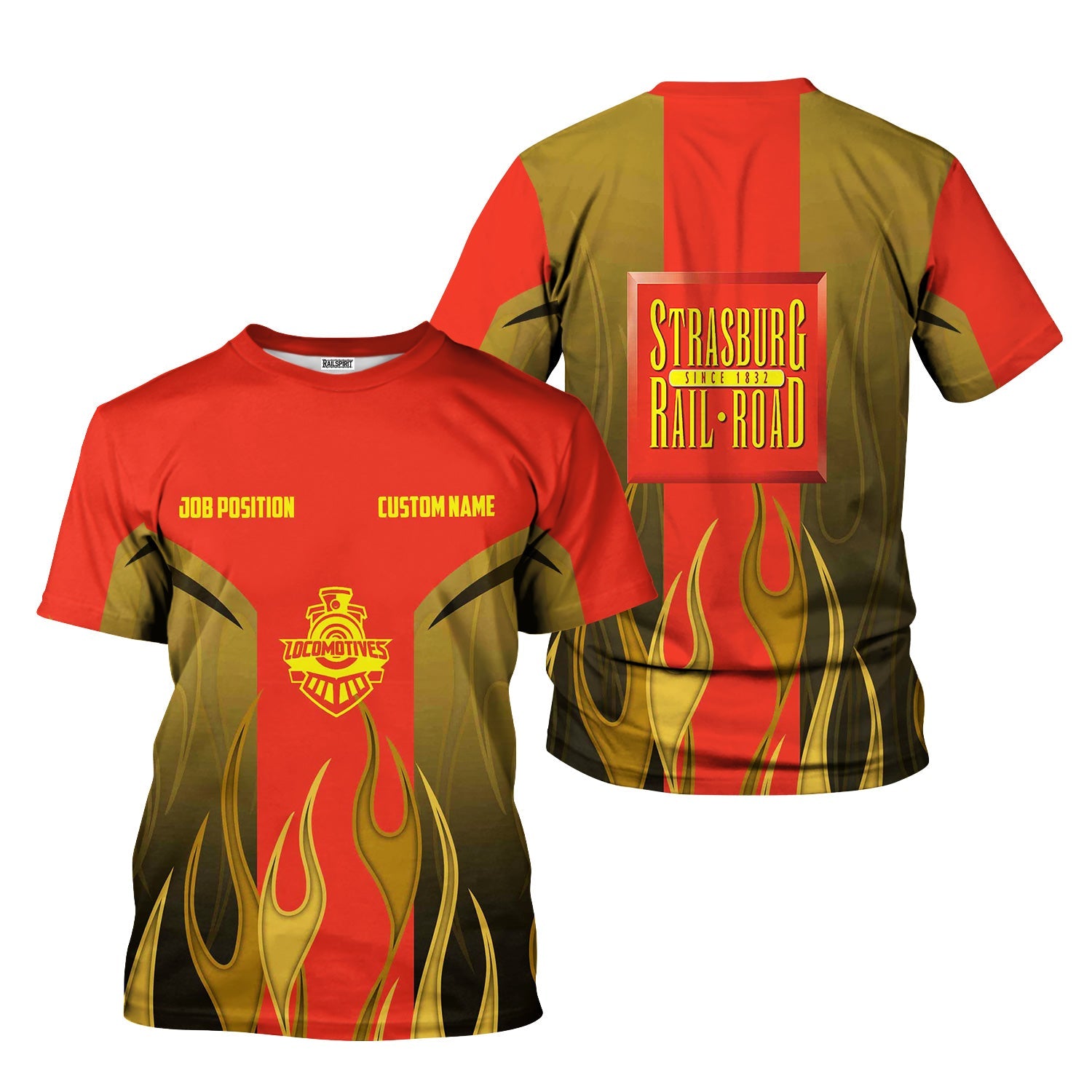Railspirit Custom Name and Job Title Strasburg Railroad T-Shirt Flame Graphic Train Shirt