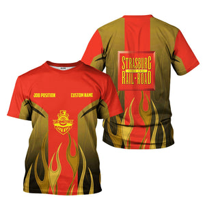 Railspirit Custom Name and Job Title Strasburg Railroad T-Shirt Flame Graphic Train Shirt