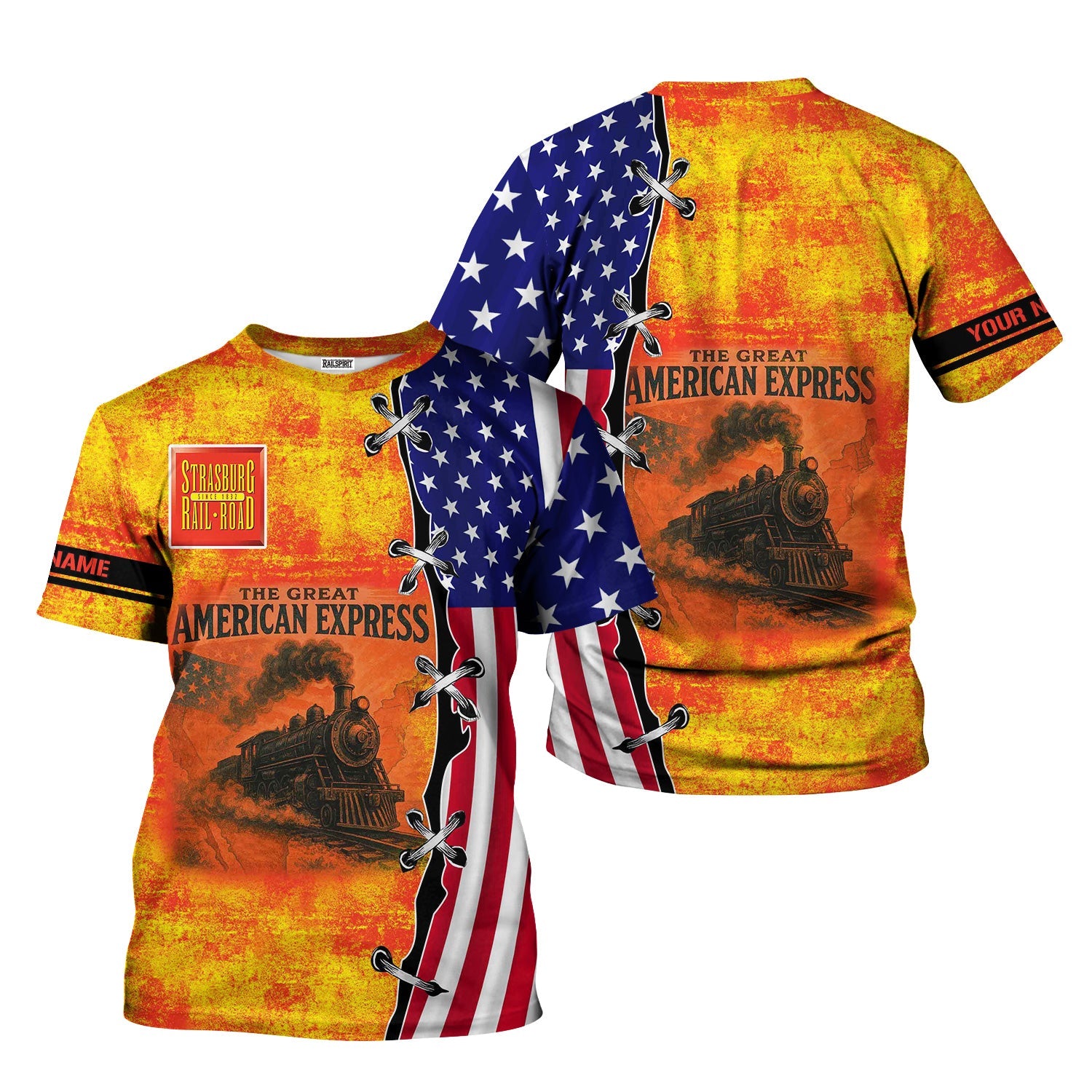 Railspirit Personalized Strasburg Railroad T-Shirt Retro American Express Train With USA Flag Shirt