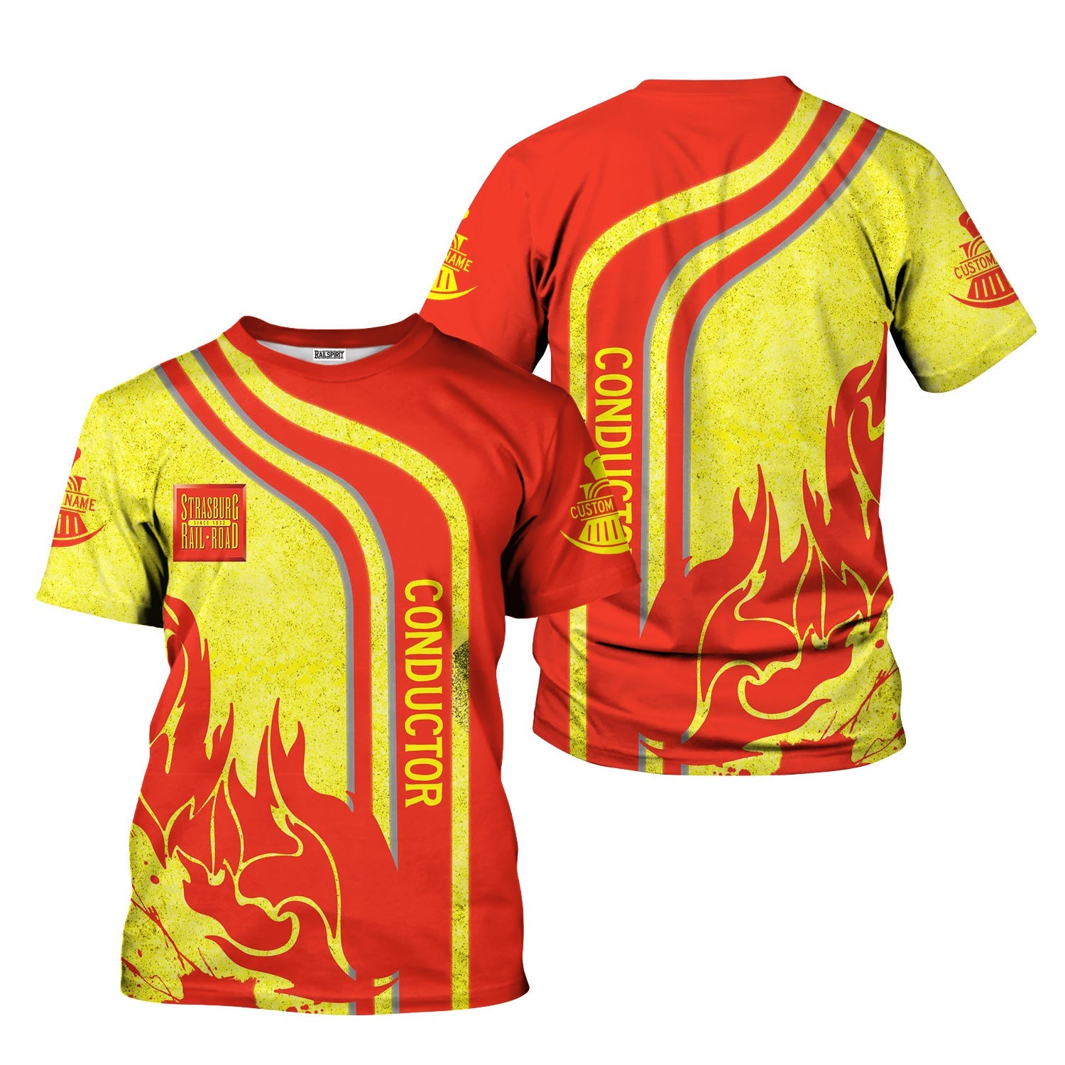 Railspirit Personalized Strasburg Railroad T-Shirt Flame Design with Custom Job Position Train Shirt