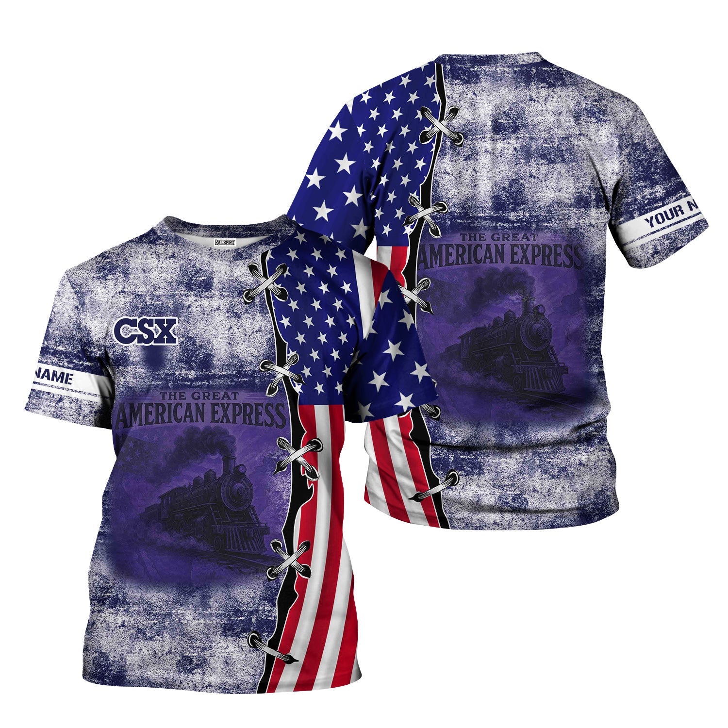 Railspirit Personalized CSX Transportation Railroad T-Shirt Retro American Express Train With USA Flag Shirt