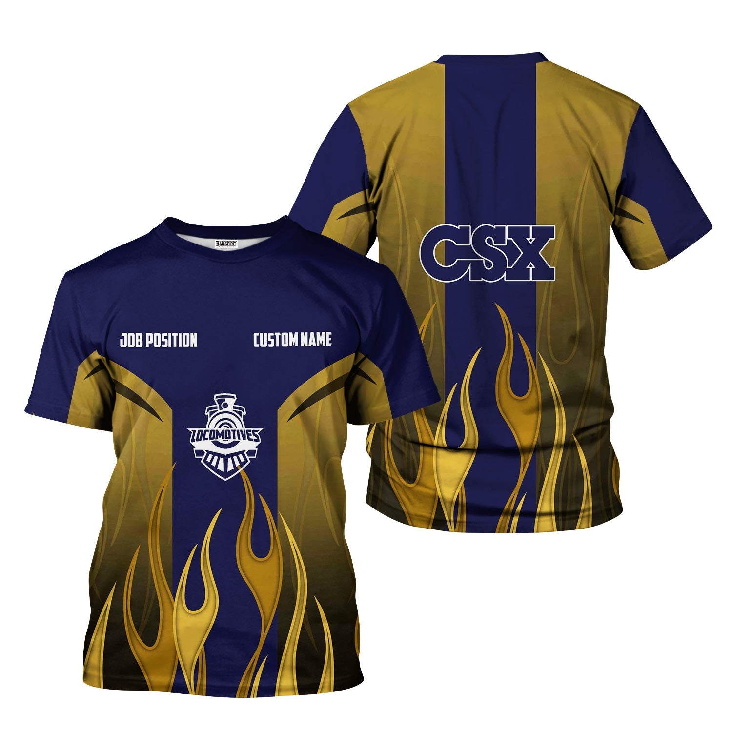 Railspirit Custom Name and Job Title CSX Transportation Railroad T-Shirt Flame Graphic Train Shirt