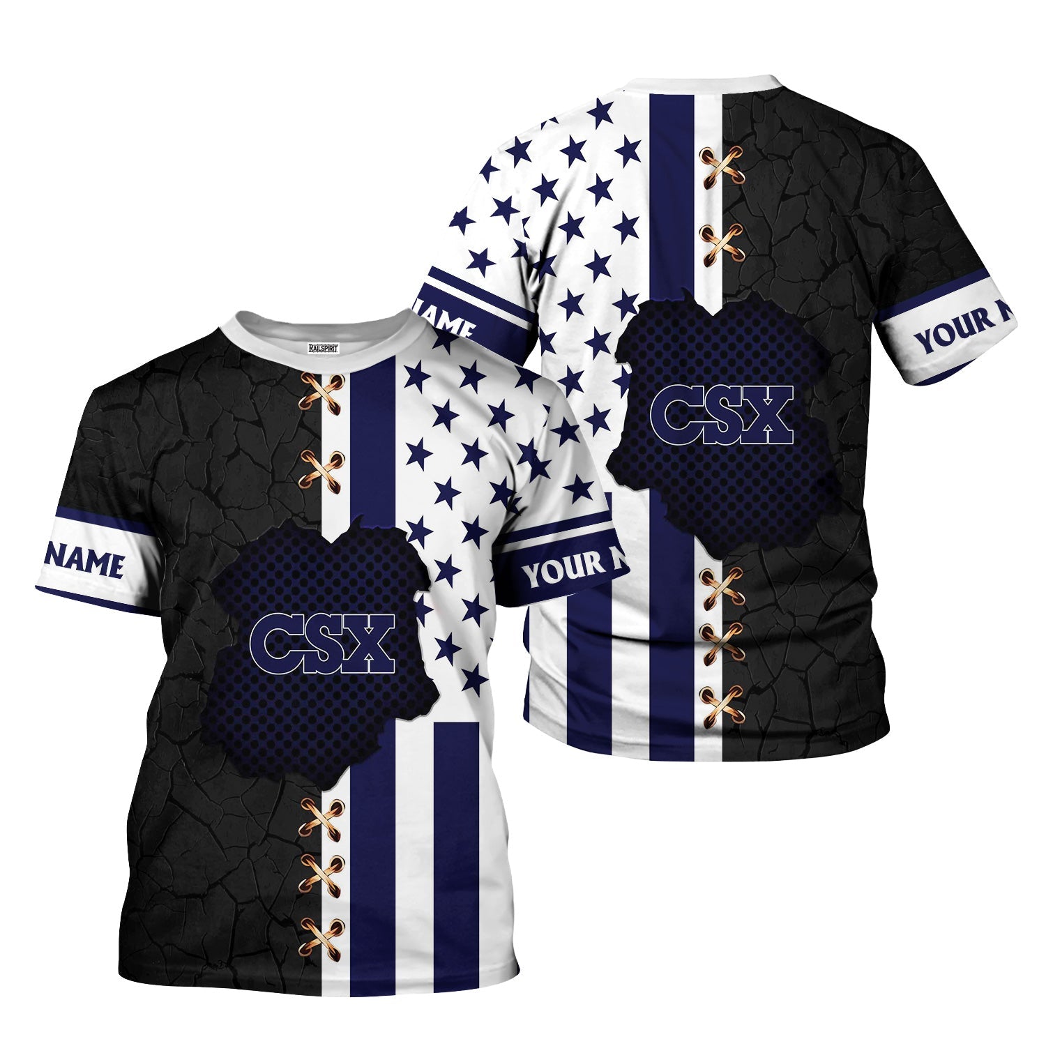 Railspirit Personalized CSX Transportation Railroad T-Shirt American Flag with Crack Effect Train Shirt