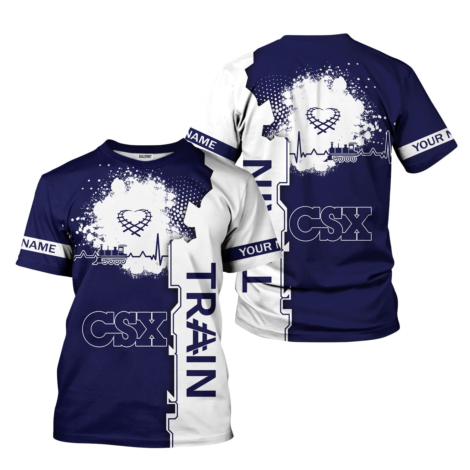 Railspirit Personalized CSX Transportation Railroad T-Shirt Engine Heartbeat and Track Love Style Shirt Gift Idea For Train Lovers