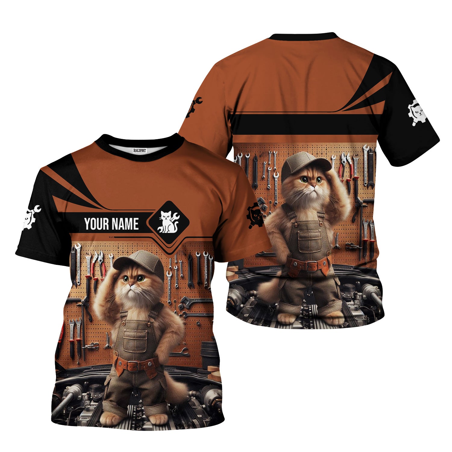 Custom Name Funny Mechanic Cat Wearing Uniform Shirt All Over Printed Mechanic T Shirt