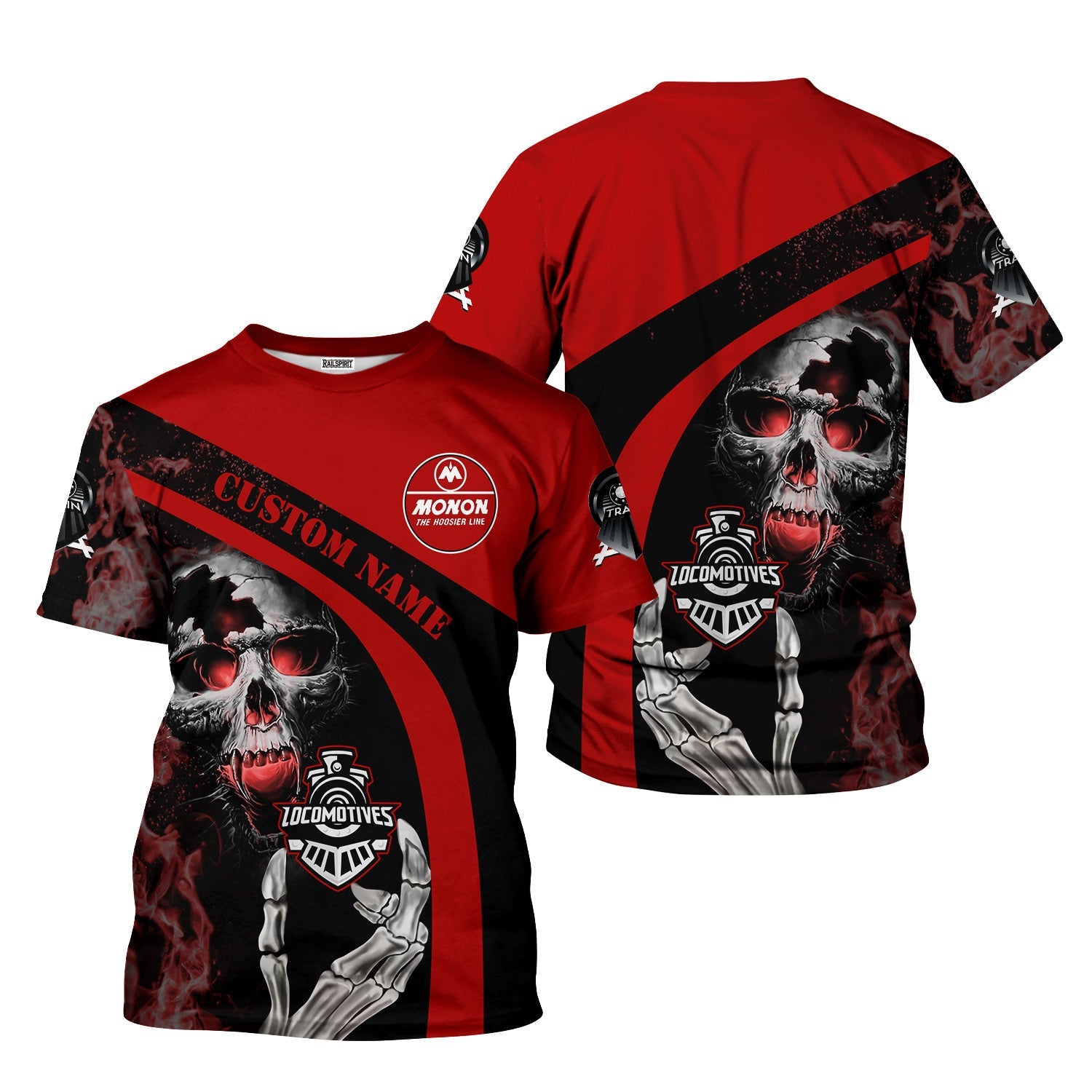 Railspirit Personalized Monon Railroad T-Shirt Flame Skull Design Train Shirt for Locomotive Fans