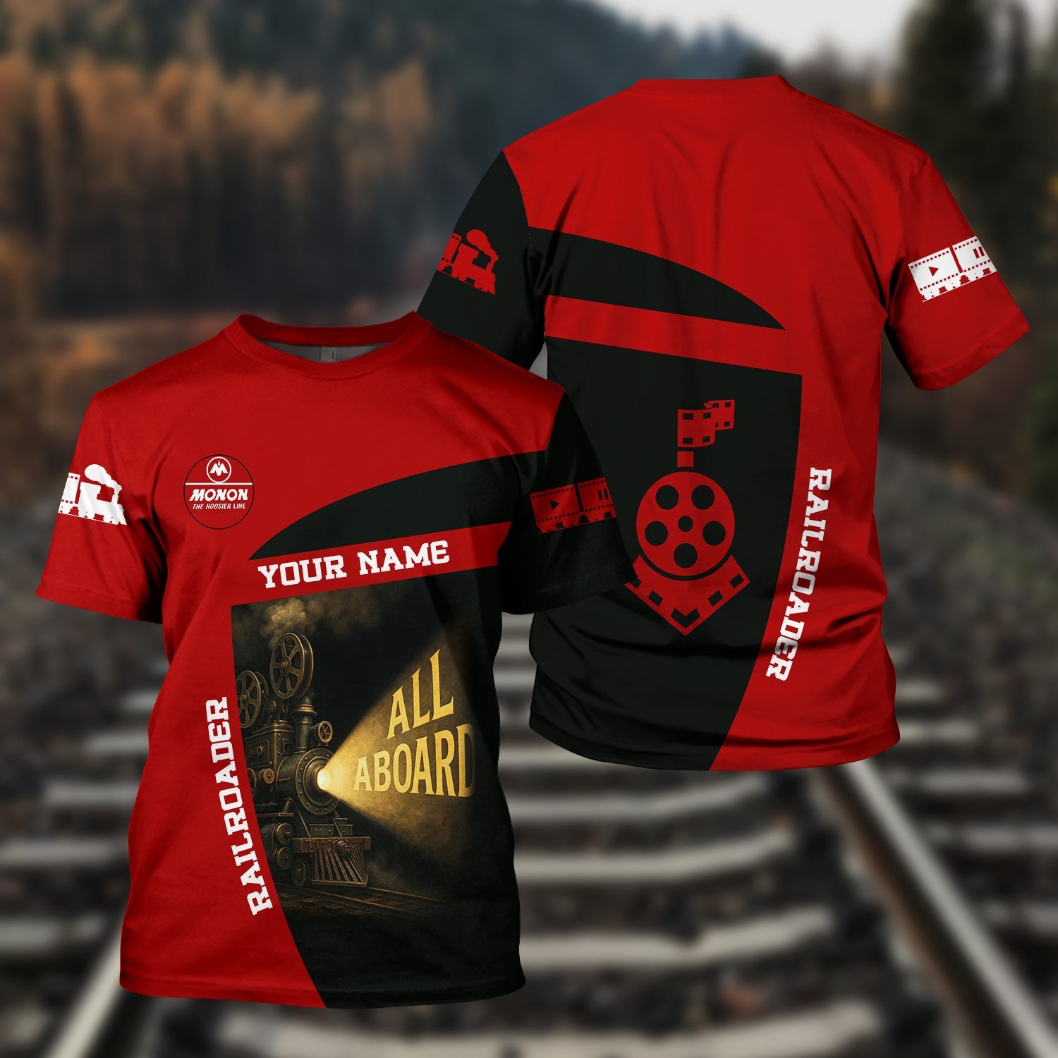 Railspirit Personalized Monon Railroad T-Shirt All Aboard Steam Train Movie Projector Style Shirt