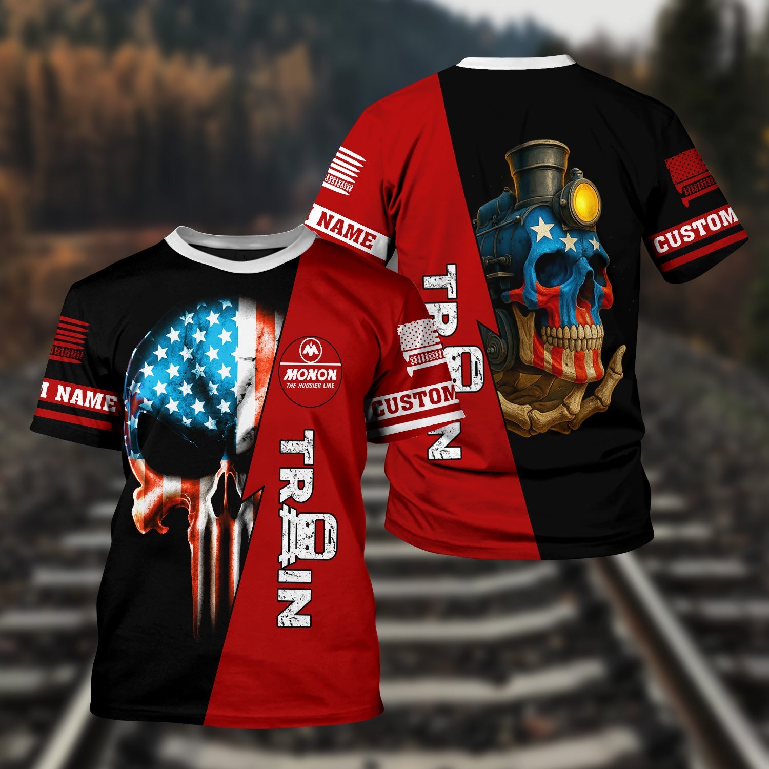 Railspirit Personalized Monon Railroad T-Shirt Train Skull American Flag Shirt All Over Print