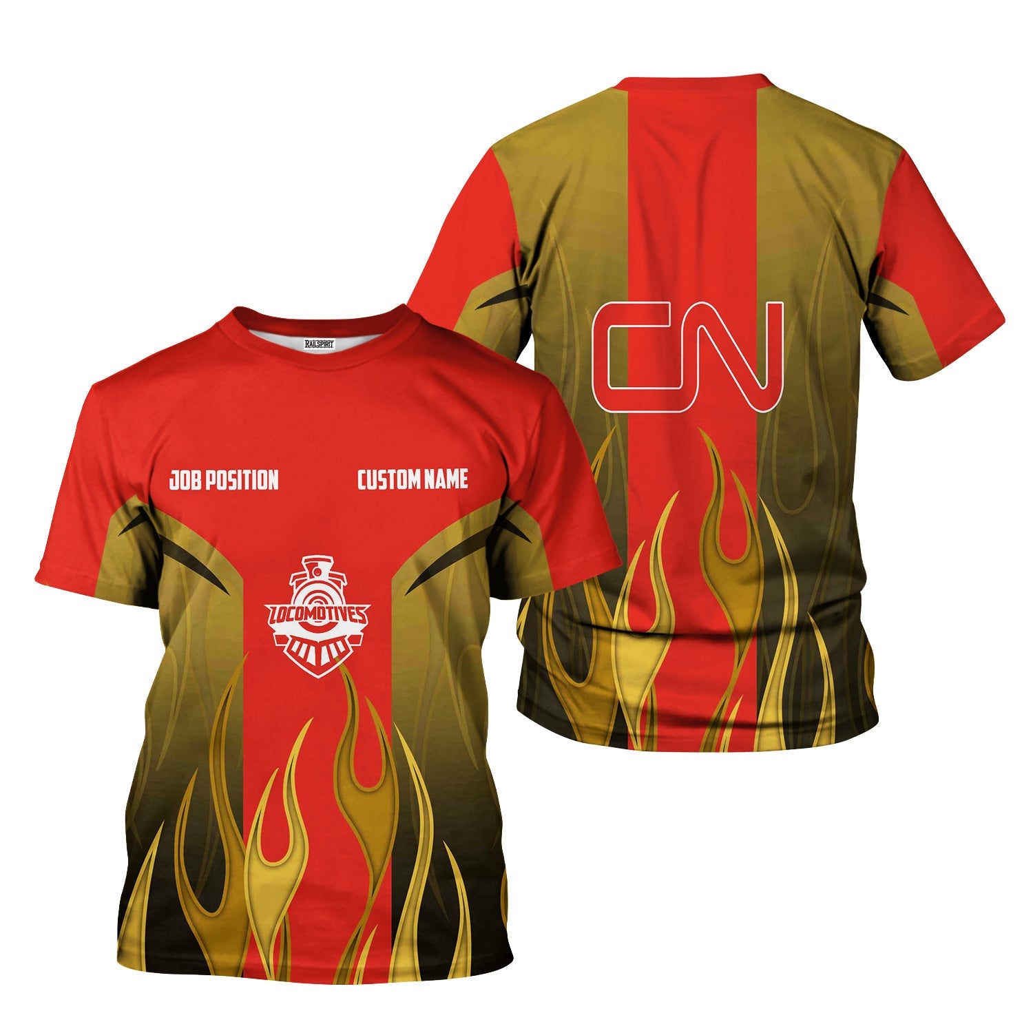 Railspirit Custom Name and Job Title Canadian National Railroad T-Shirt Flame Graphic Train Shirt