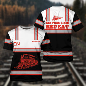 Railspirit Custom Name Canadian National Railroad T Shirt Eat Train Sleep Repeat Printed Train Shirt