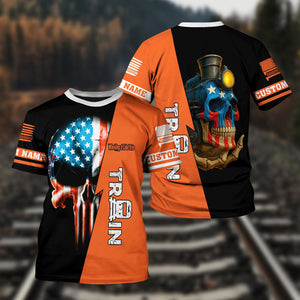 Railspirit Personalized Wheeling And Lake Erie Railroad T-Shirt Train Skull American Flag Shirt All Over Print