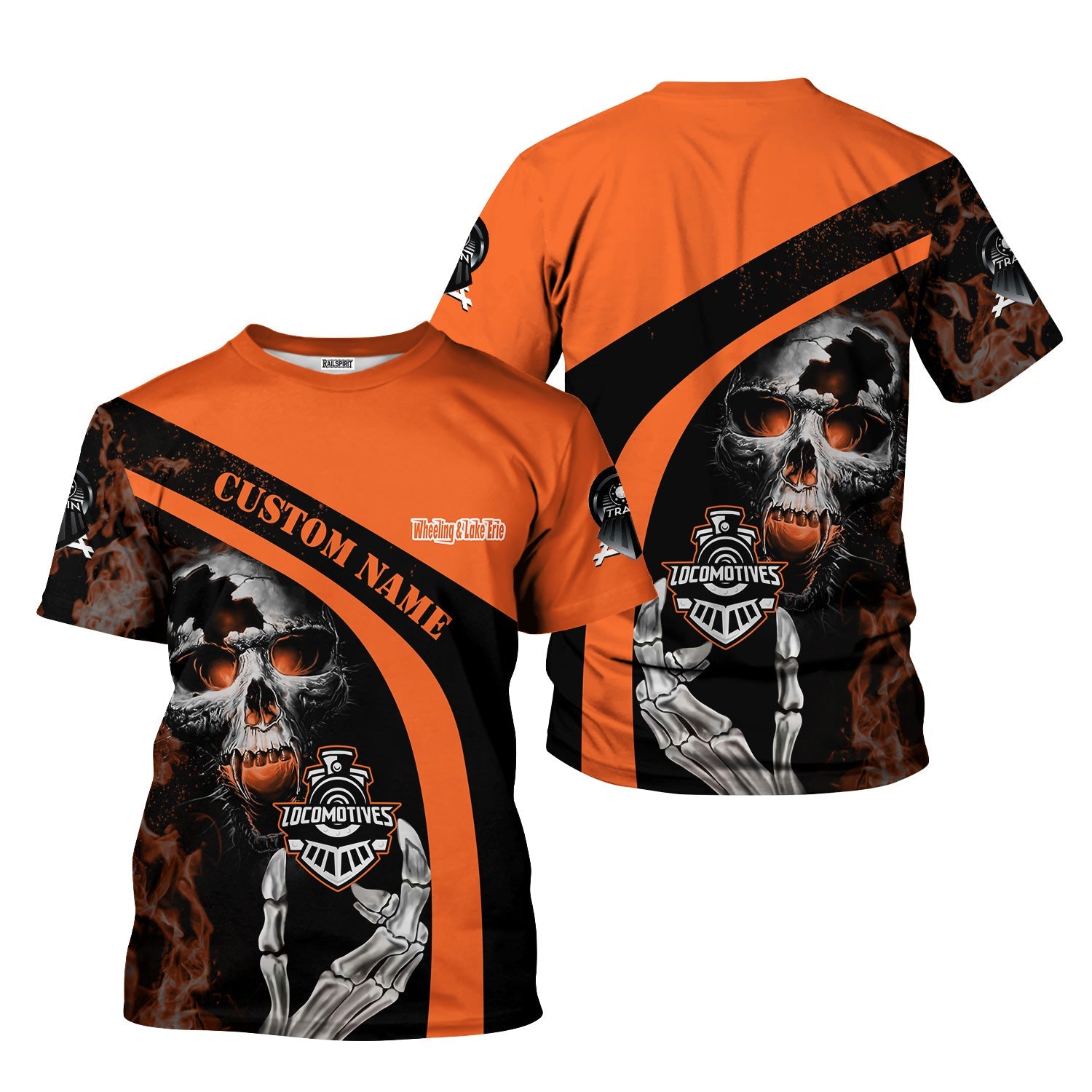 Railspirit Personalized Wheeling And Lake Erie Railroad T-Shirt Flame Skull Design Train Shirt for Locomotive Fans