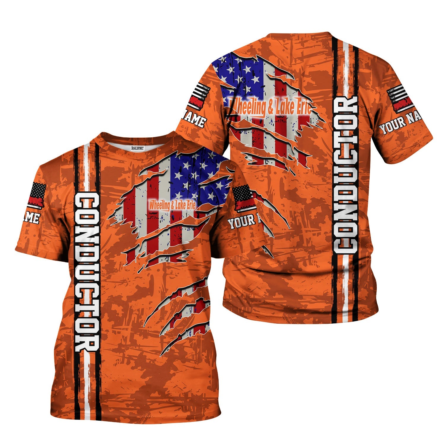 Railspirit Personalized Wheeling And Lake Erie Railroad T-Shirt USA Flag Claw Art with Custom Job Train Shirt