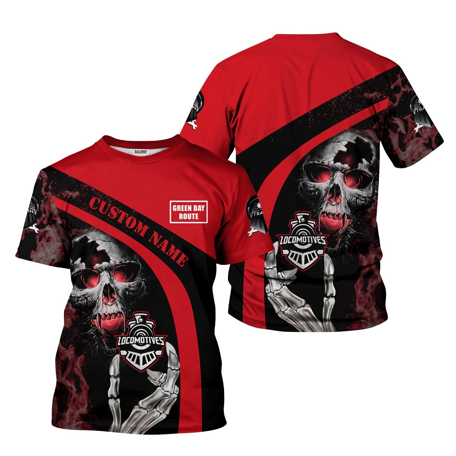 Railspirit Personalized Green Bay & Western Railroad T-Shirt Flame Skull Design Train Shirt for Locomotive Fans