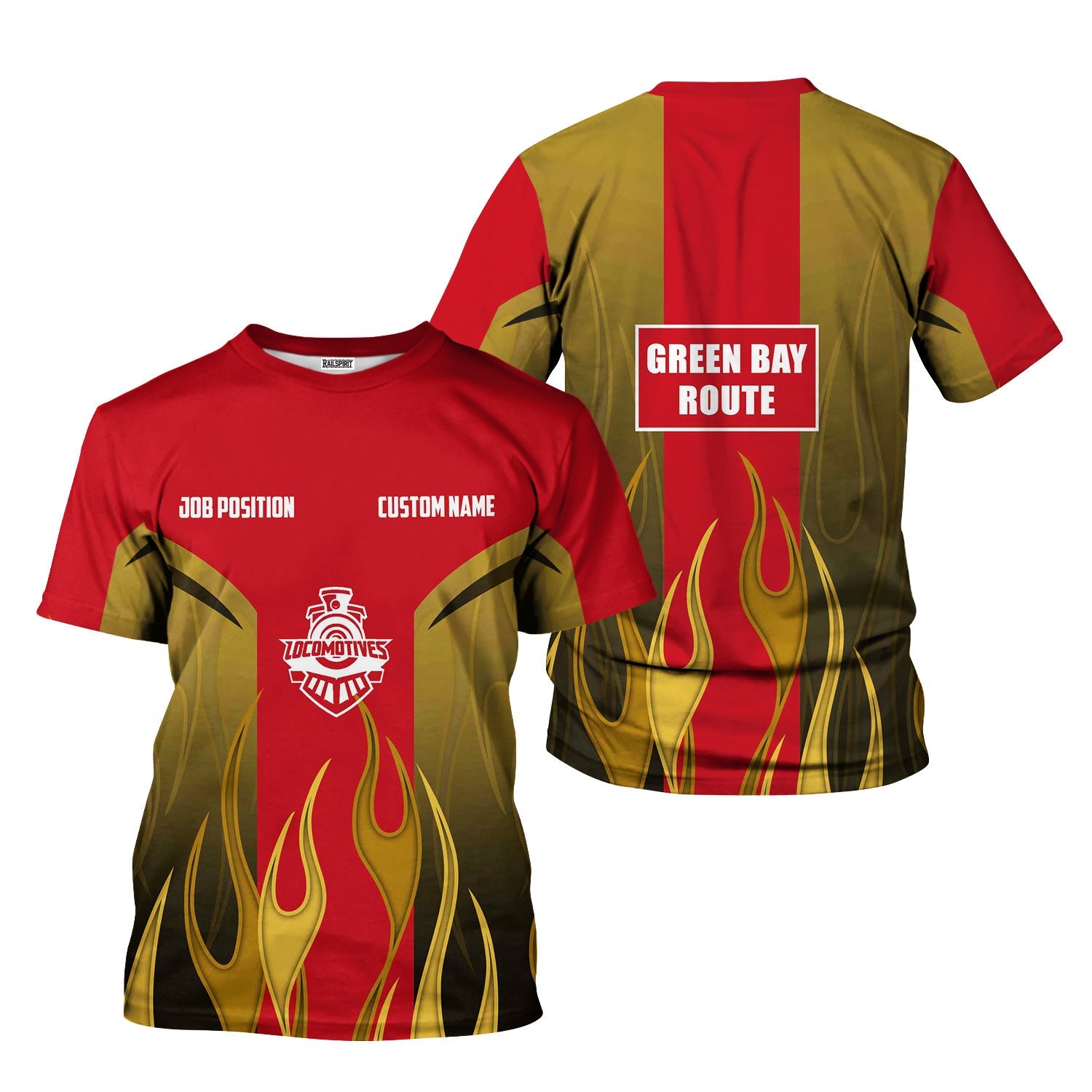 Railspirit Custom Name and Job Title Green Bay & Western Railroad T-Shirt Flame Graphic Train Shirt