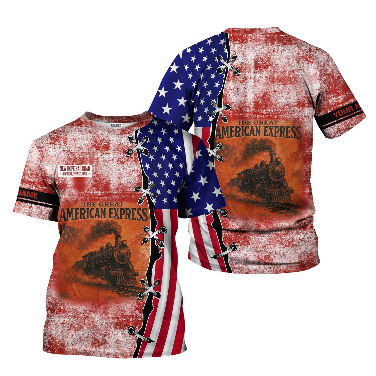 Railspirit Personalized New Hope Railroad T-Shirt Retro American Express Train With USA Flag Shirt