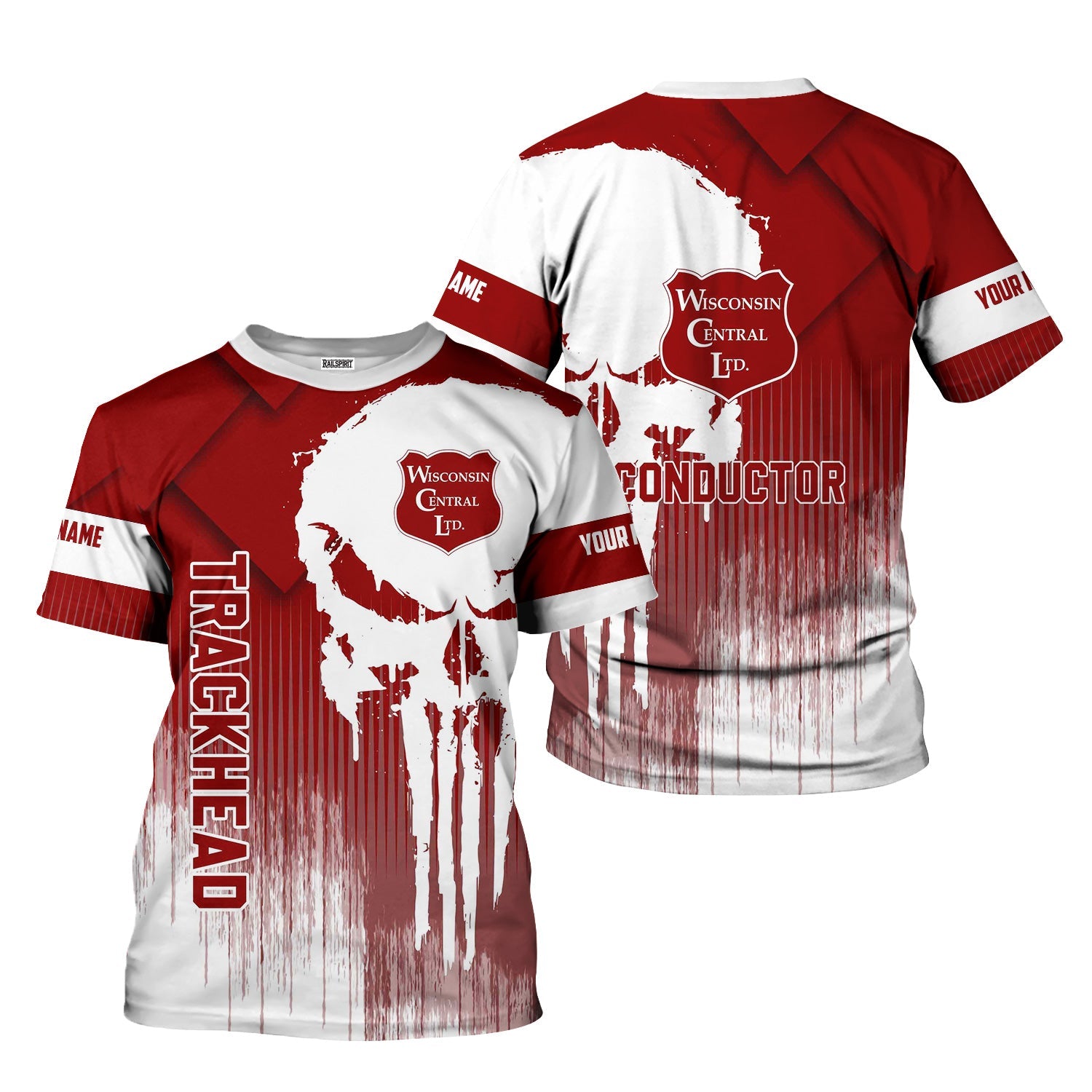 Railspirit Personalized Wisconsin Central Ltd Railroad T-Shirt Skull Design with Custom Job Train Shirt for Trackhead Crew