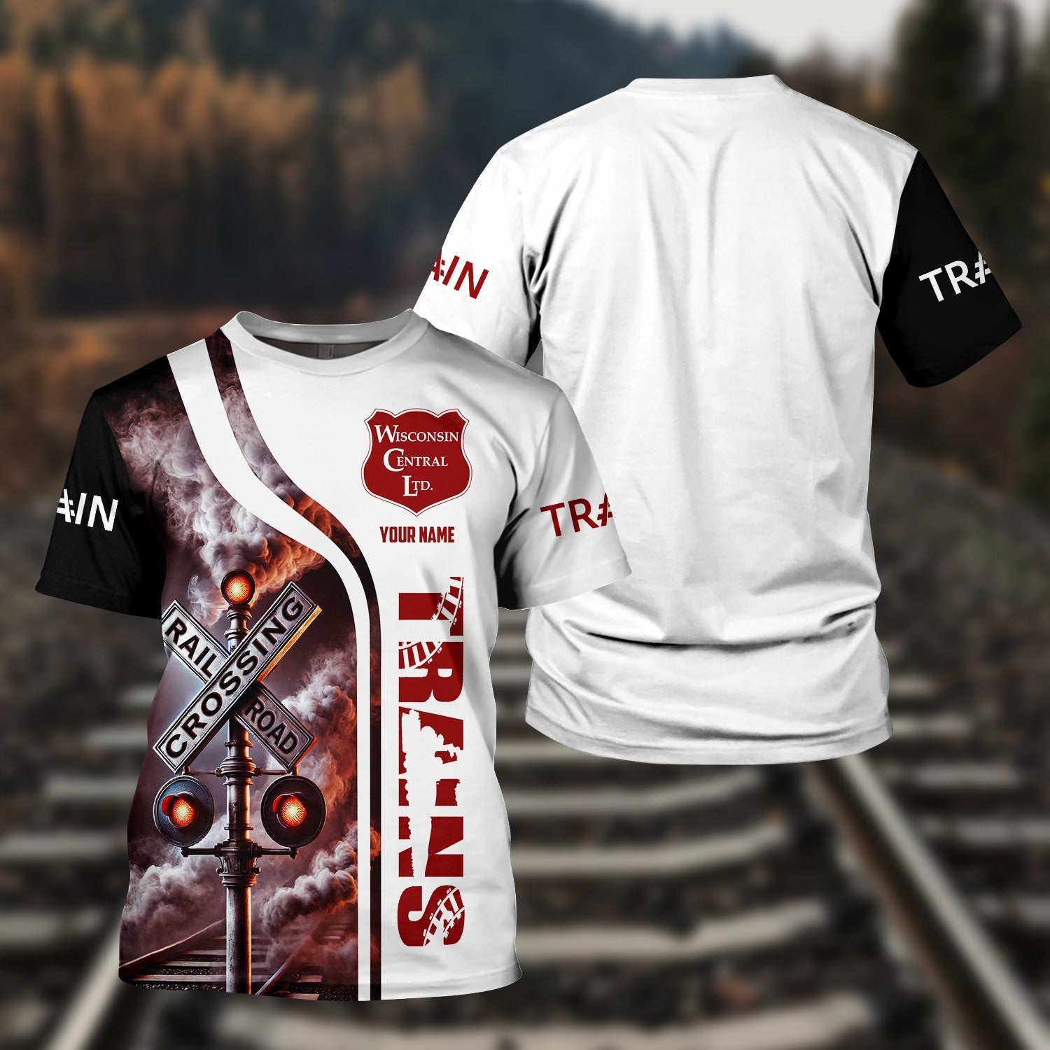 Railspirit Custom Name Wisconsin Central Ltd Railroad T Shirt Railroad Crossing Sign Train Shirt All Over Print