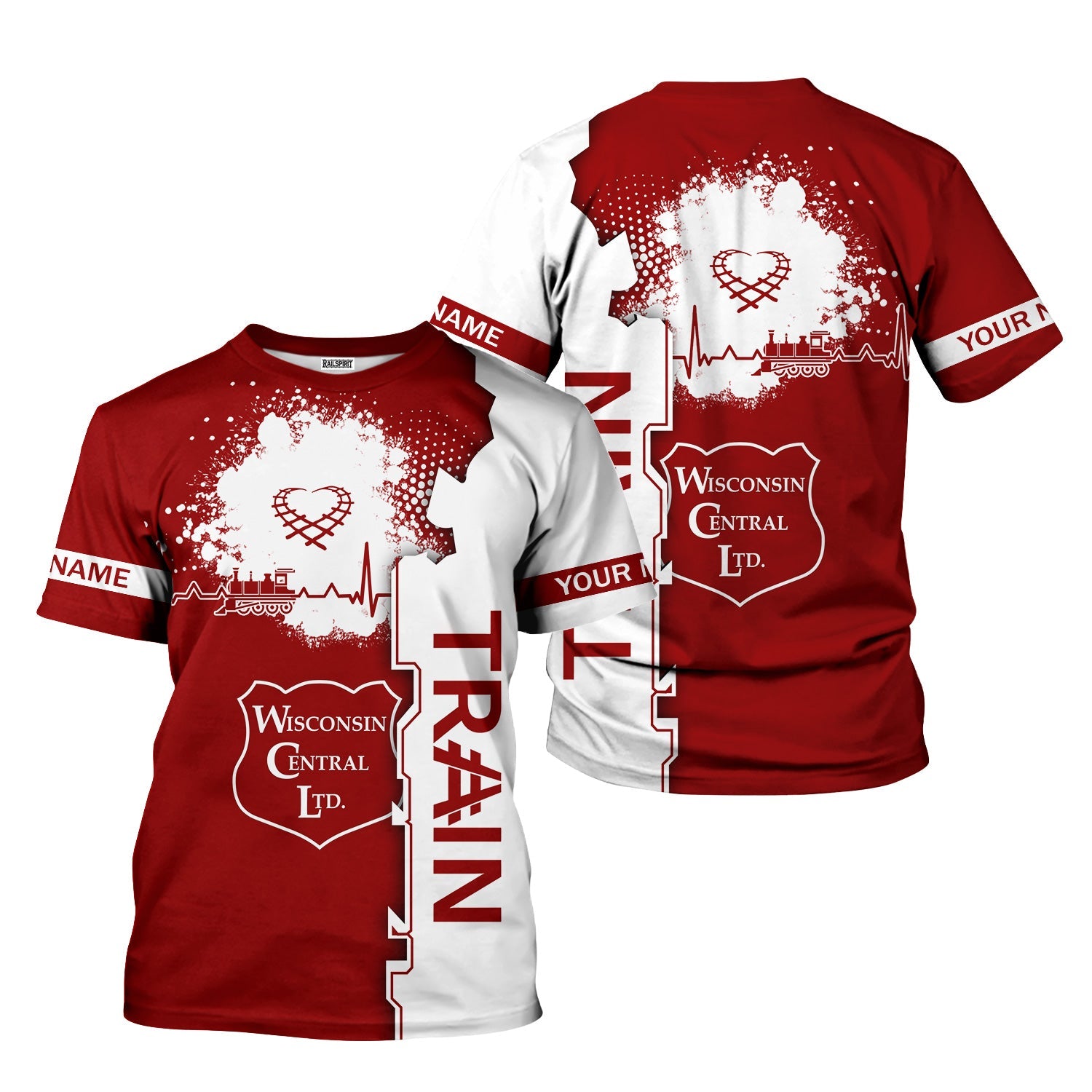 Railspirit Personalized Wisconsin Central Ltd Railroad T-Shirt Engine Heartbeat and Track Love Style Shirt Gift Idea For Train Lovers