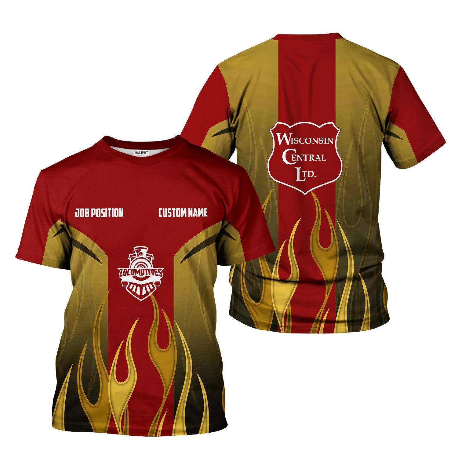 Railspirit Custom Name and Job Title Wisconsin Central Ltd Railroad T-Shirt Flame Graphic Train Shirt