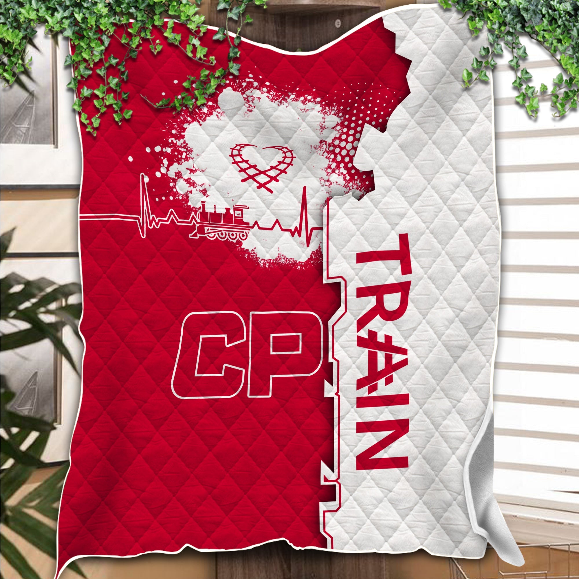 Railspirit Canadian Pacific Railroad Premium Quilts Engine Heartbeat and Track Love Style Quilts Gift Idea For Train Lovers