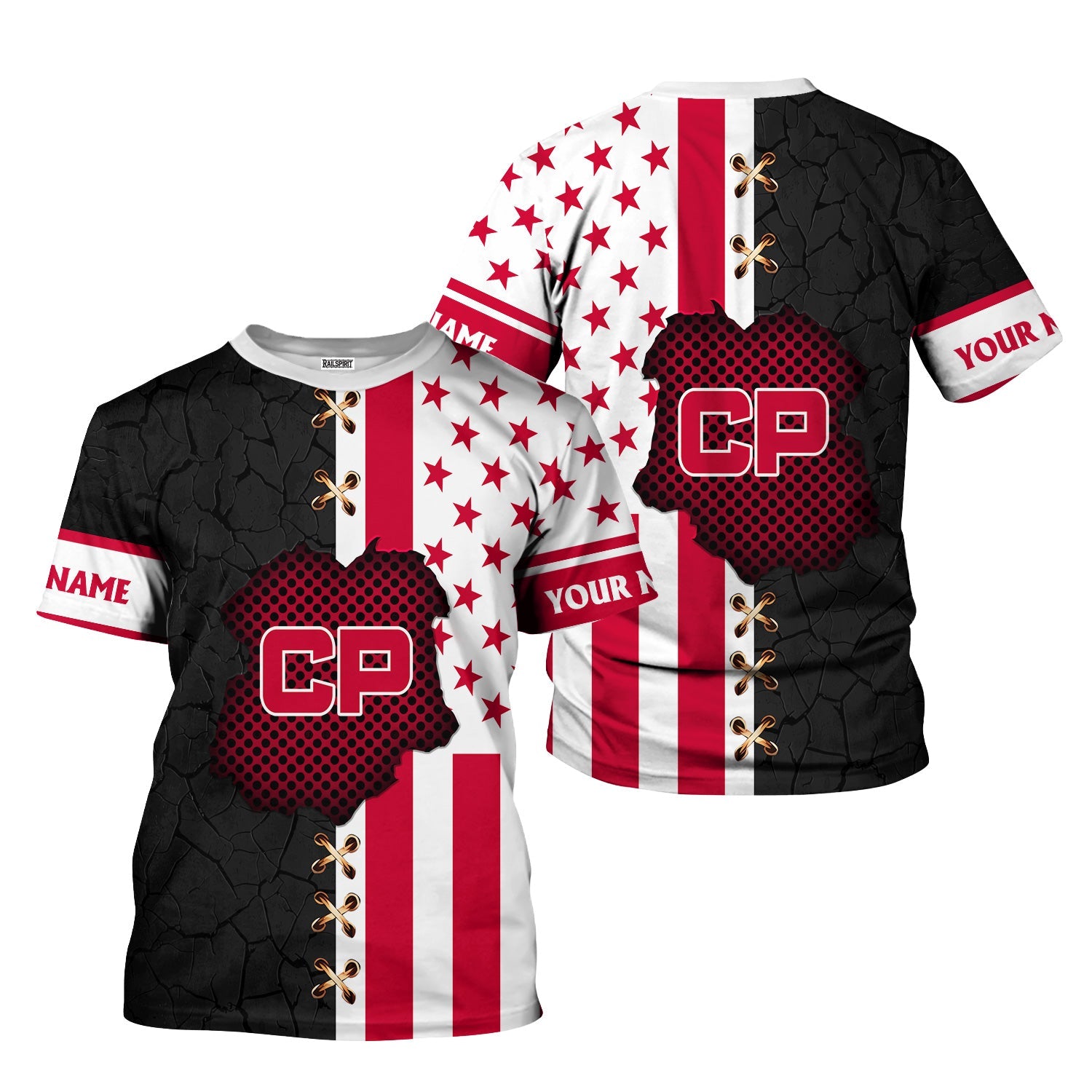 Railspirit Personalized Canadian Pacific Railroad T-Shirt American Flag with Crack Effect Train Shirt