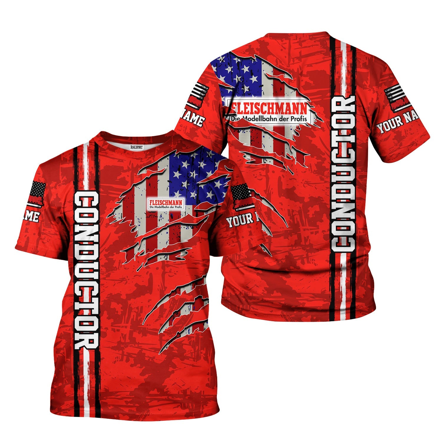 Railspirit Personalized Fleischmann And Western Railroad T-Shirt USA Flag Claw Art with Custom Job Train Shirt