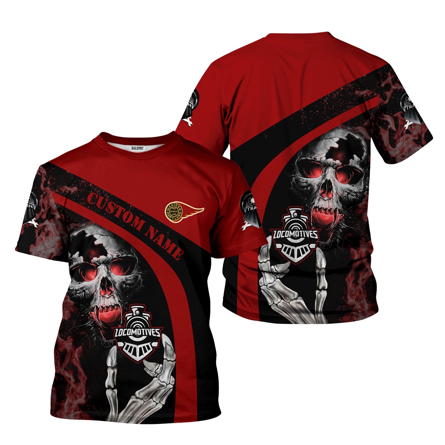 Railspirit Personalized Western Maryland Railway T-Shirt Flame Skull Design Train Shirt for Locomotive Fans