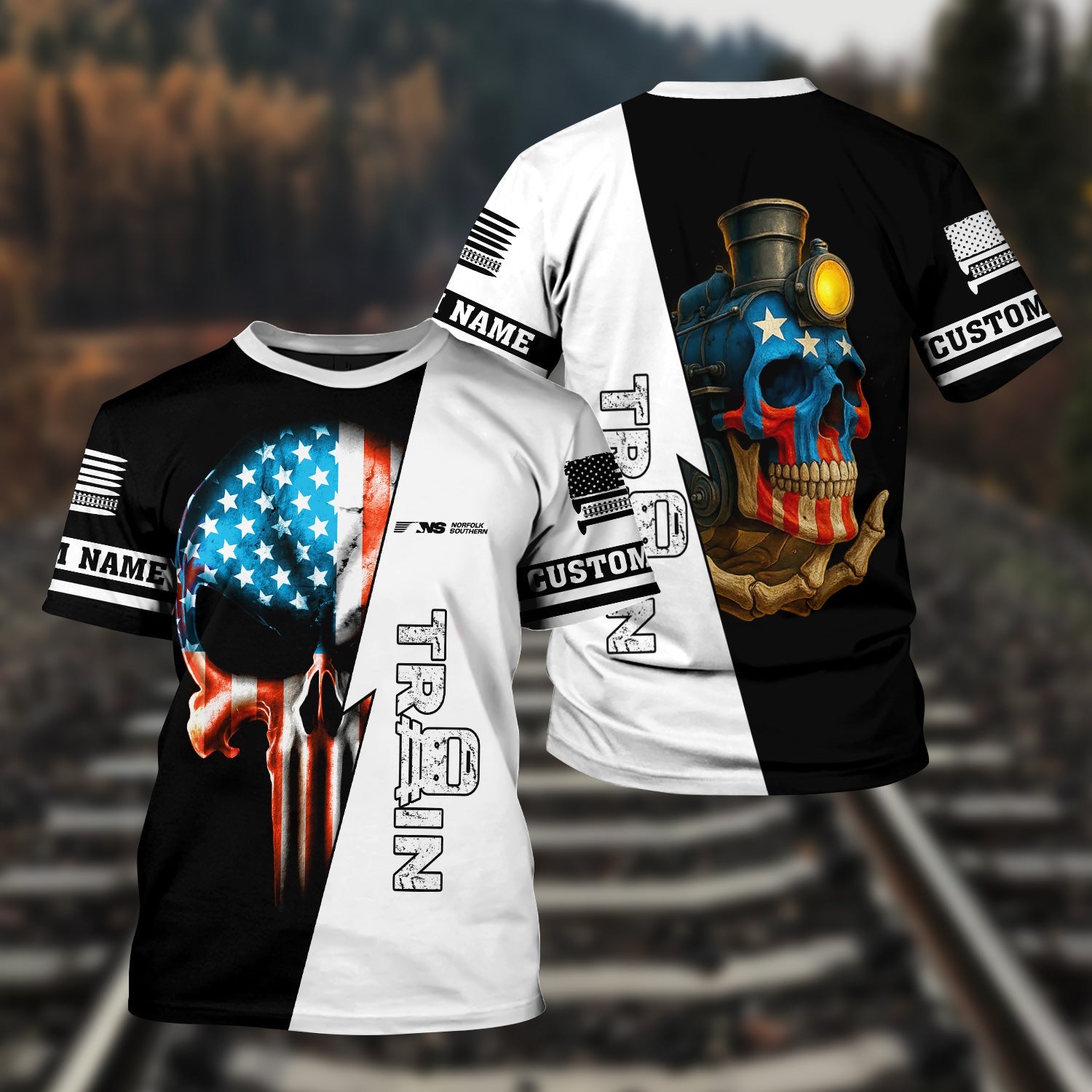 Railspirit Personalized Norfolk Southern Railway T-Shirt Train Skull American Flag Shirt All Over Print