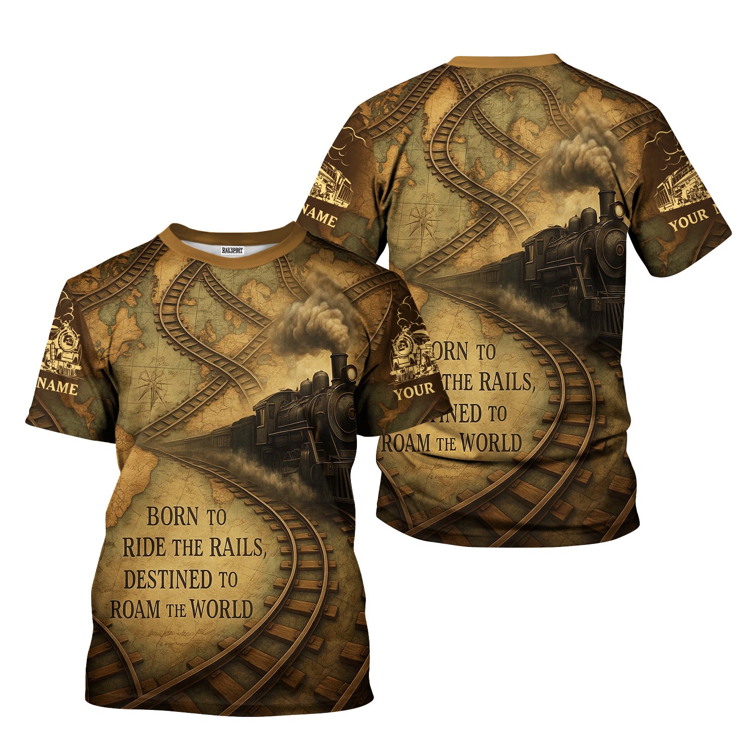 Custom Name Steam Train T-shirt, Antique Railroad Map Design, Born To Roam The World, Train Lover Gift
