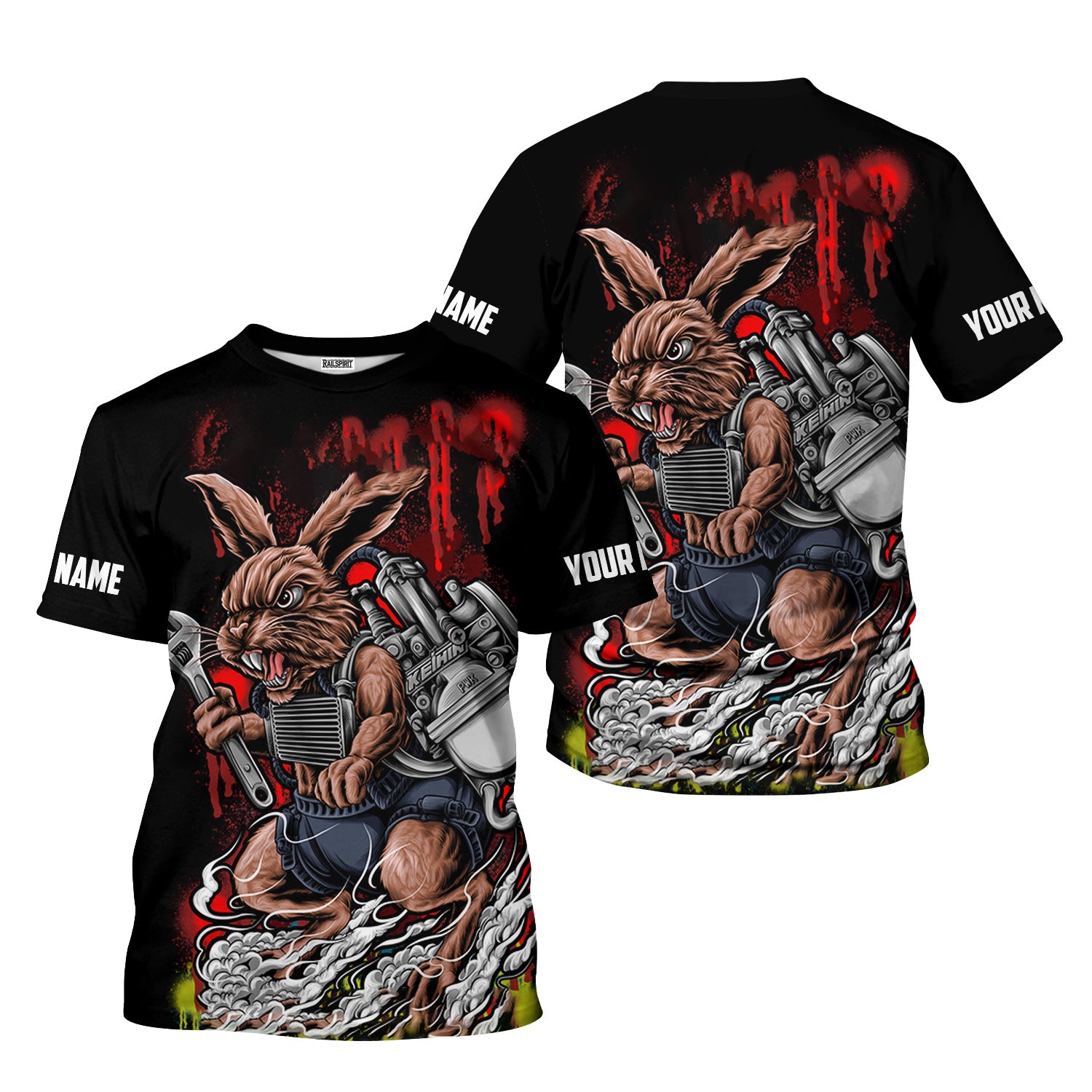 Custom Name Vintage Mechanic Rabbit Black Unisex Shirt All Over Print