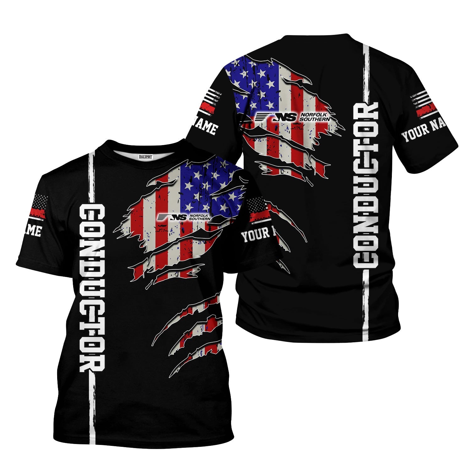 Railspirit Personalized Norfolk Southern Railway T-Shirt USA Flag Claw Art with Custom Job Train Shirt