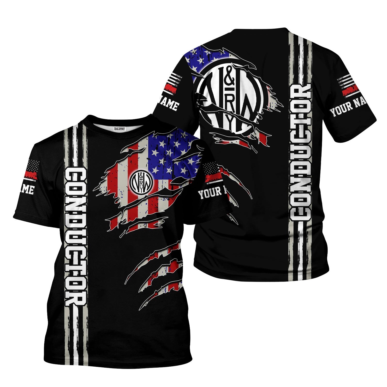 Railspirit Personalized Norfolk and Western Railway T-Shirt USA Flag Claw Art with Custom Job N&W Train Shirt