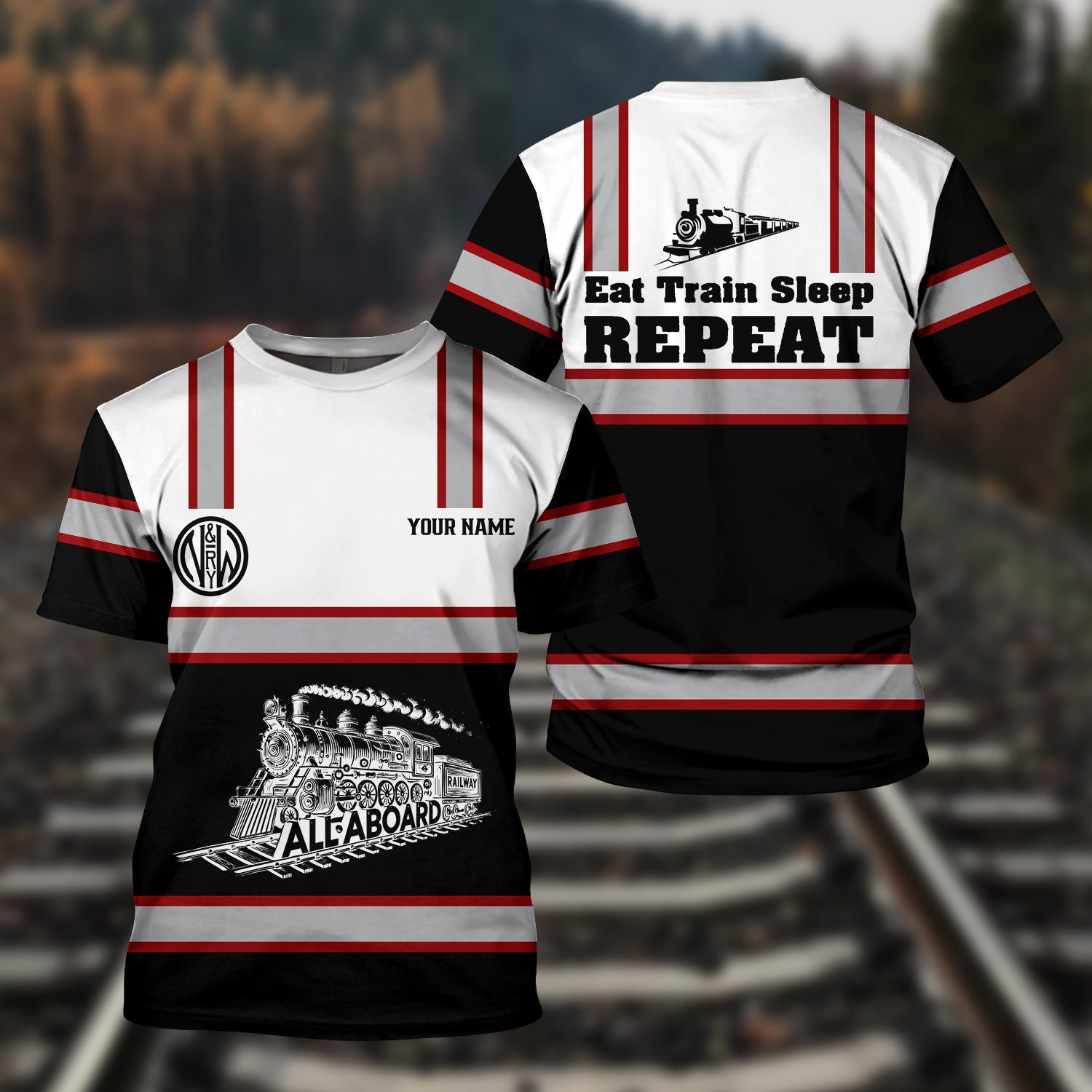 Railspirit Custom Name Norfolk and Western Railway T Shirt Eat Train Sleep Repeat N&W Printed Train Shirt