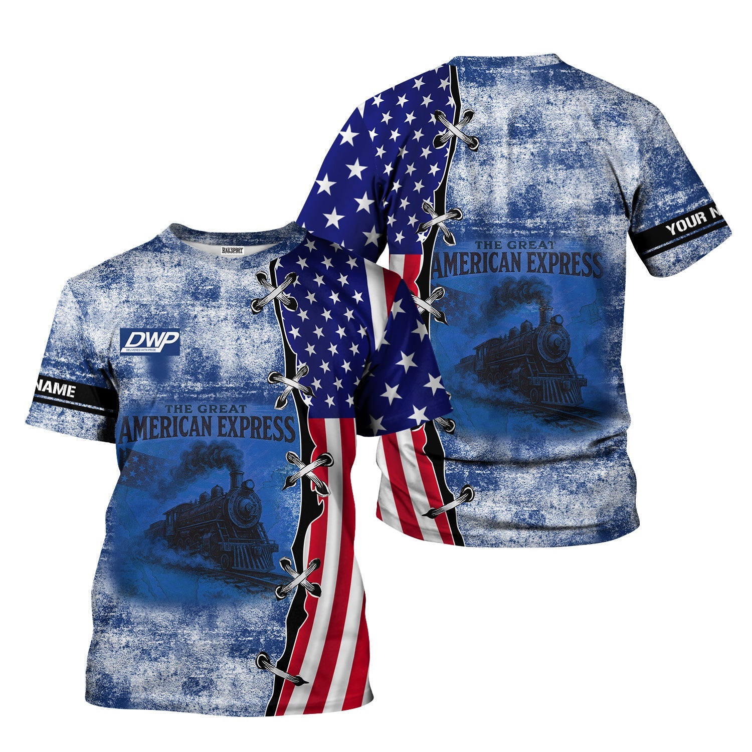Railspirit Personalized Duluth, Winnipeg and Pacific Railway T-Shirt Retro American Express Train With USA Flag Shirt