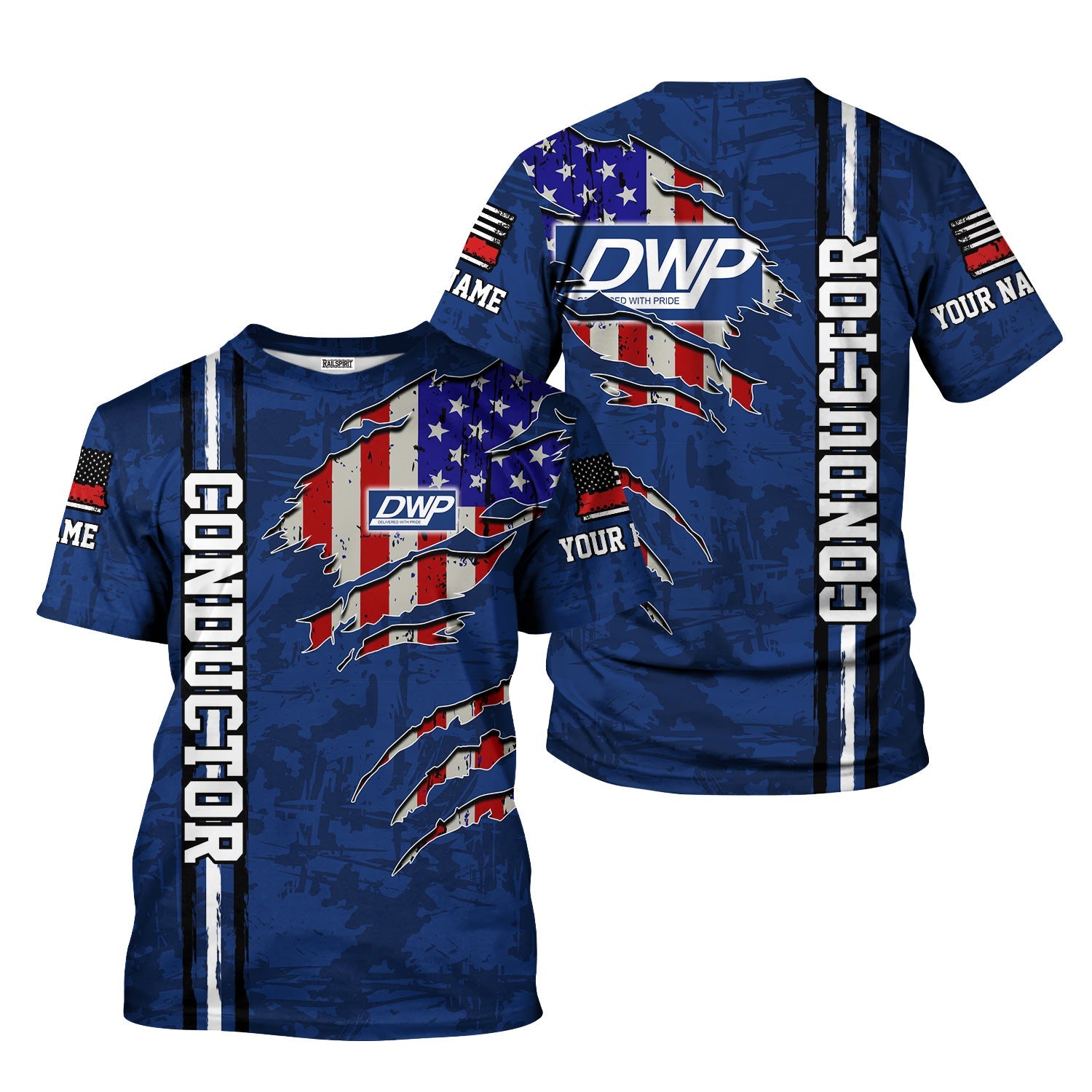 Railspirit Personalized Duluth, Winnipeg and Pacific Railway T-Shirt USA Flag Claw Art with Custom Job Train Shirt