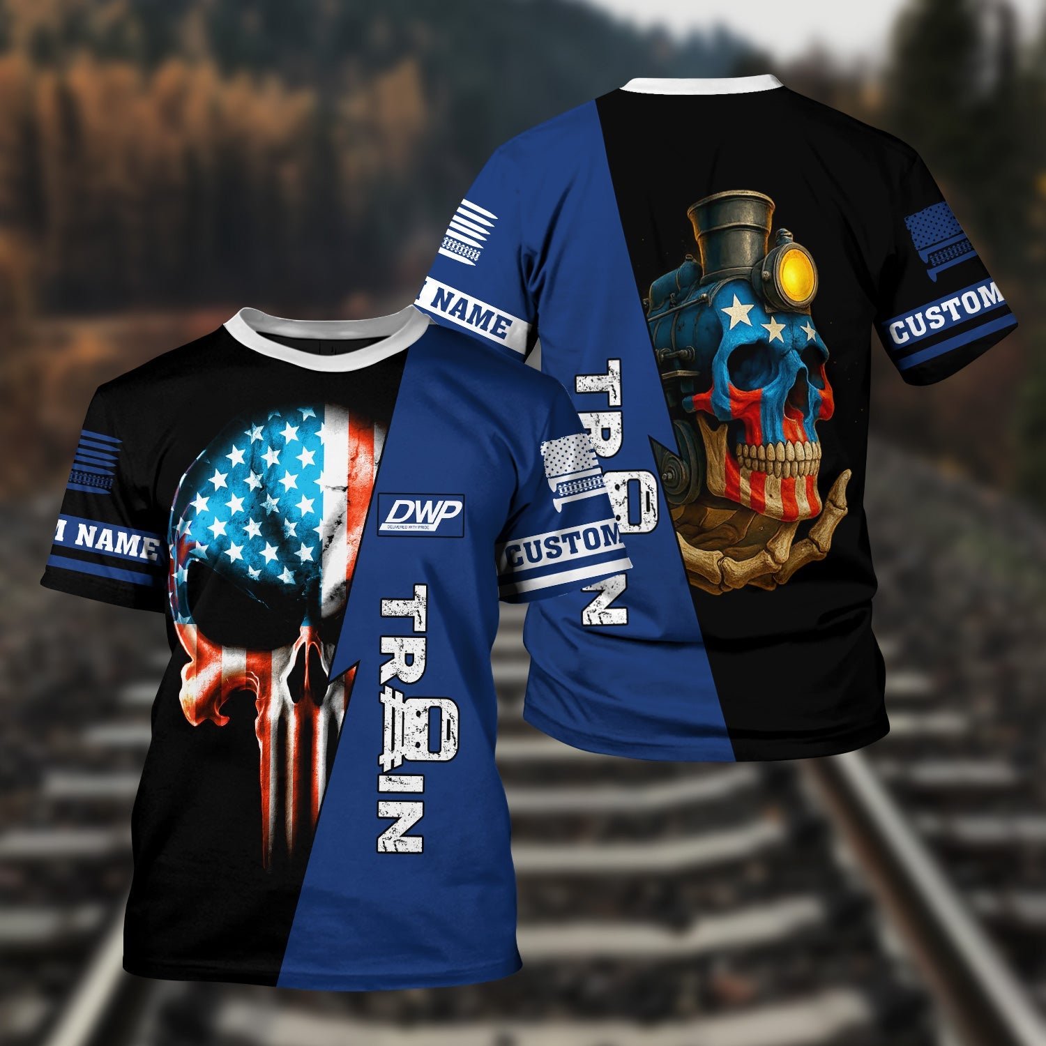 Railspirit Personalized Duluth, Winnipeg and Pacific Railway T-Shirt Train Skull American Flag Shirt All Over Print
