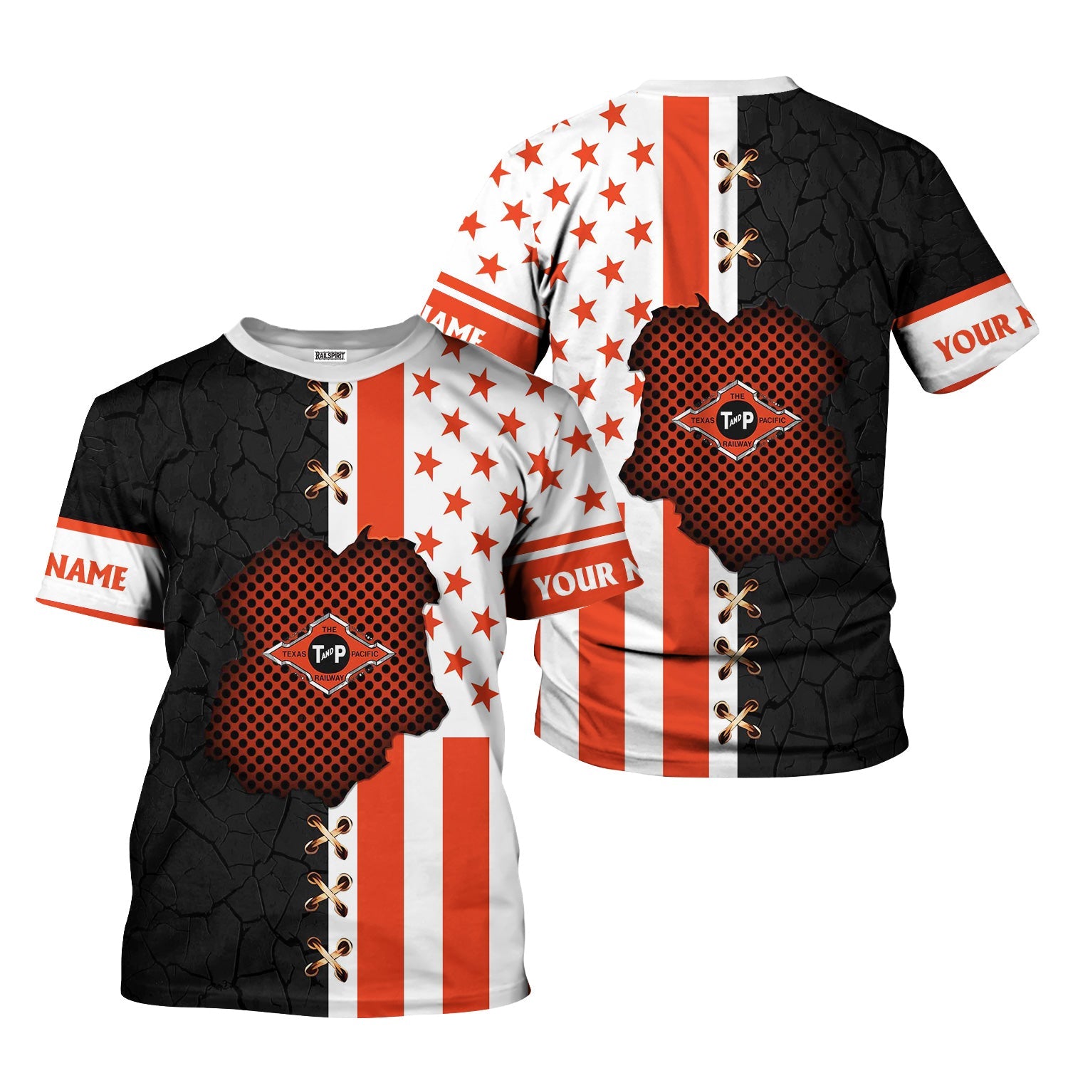 Railspirit Personalized Texas and Pacific Railway T-Shirt American Flag with Crack Effect Train Shirt