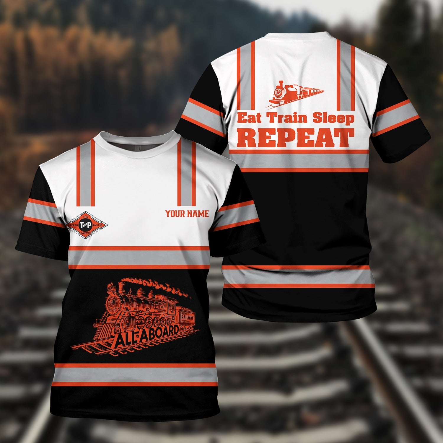 Railspirit Custom Name Texas and Pacific Railway T Shirt Eat Train Sleep Repeat Printed Train Shirt
